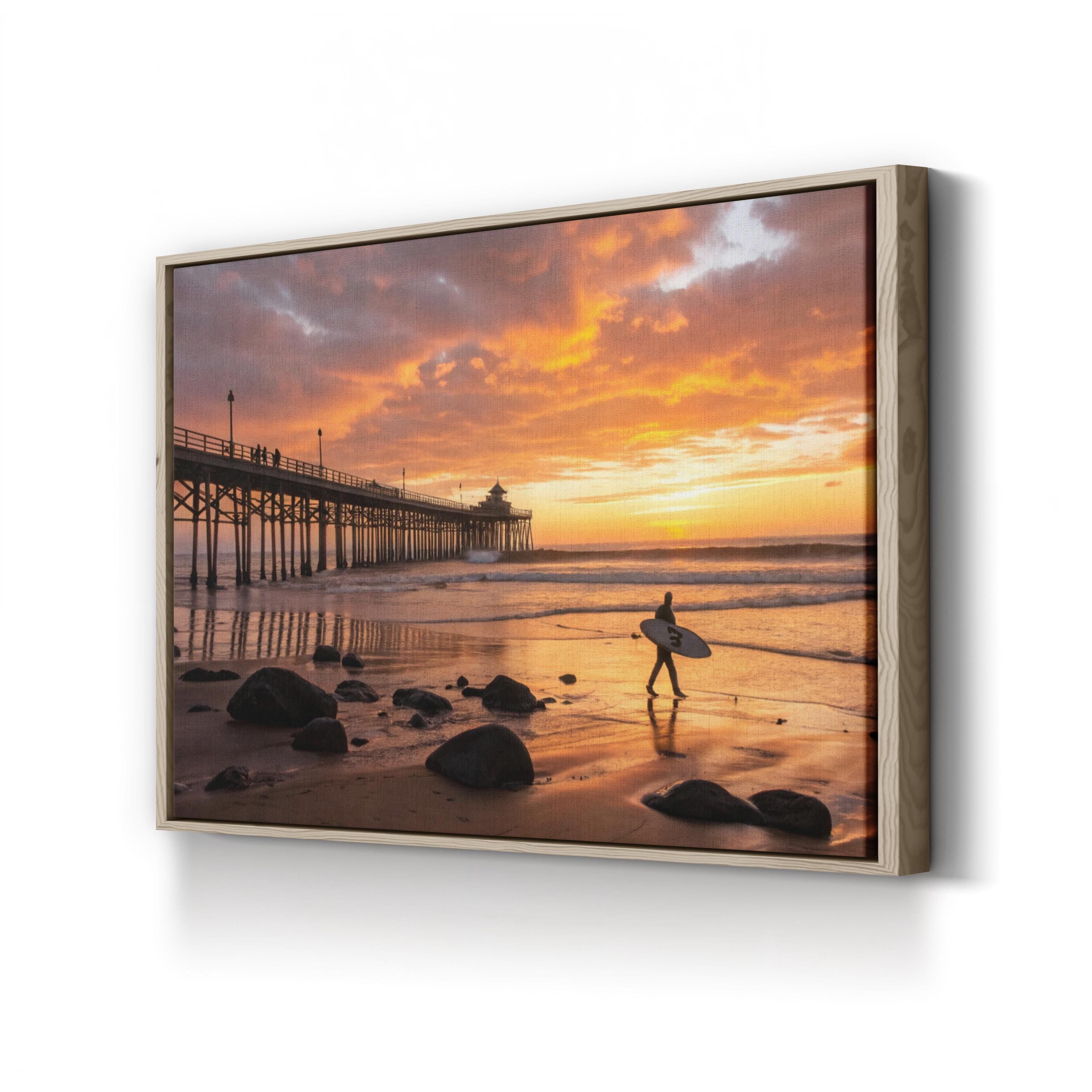 Huntington Beach Pier Sunset, Huntington Beach, California Canvas Art: Surfer Silhouette Coastal Photography