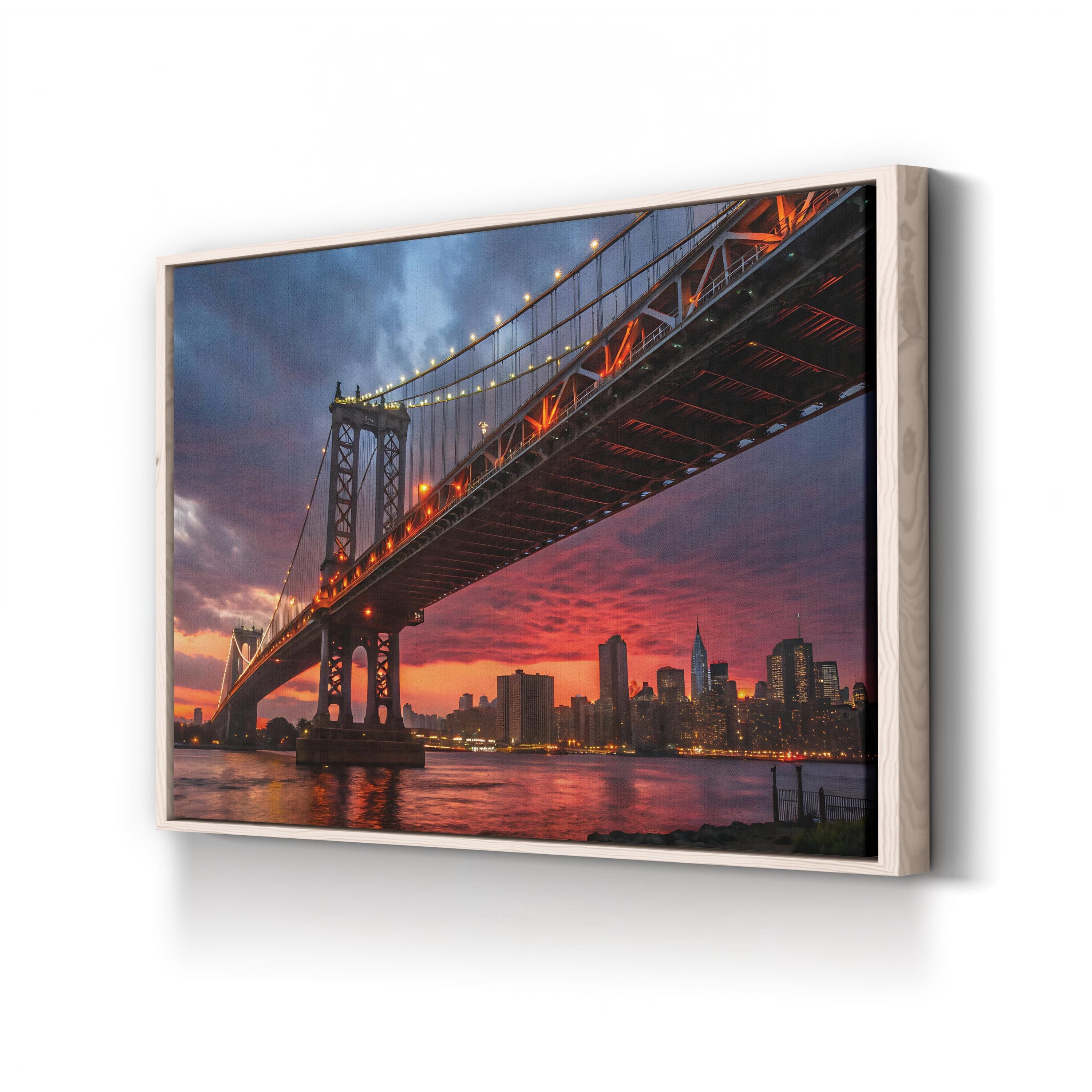 Manhattan Bridge Sunset — Manhattan Bridge & New York City Skyline Framed Canvas Wall Art