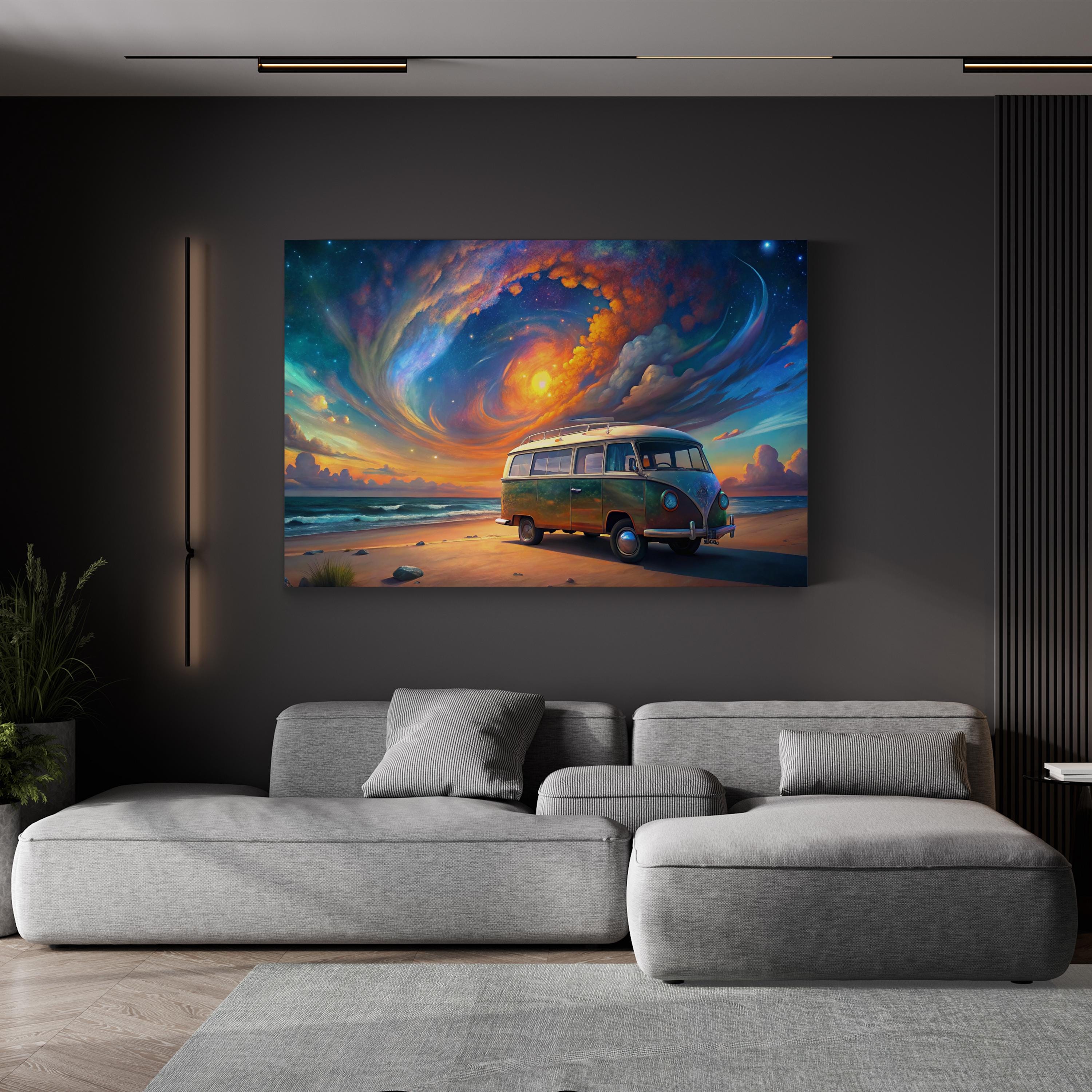 Van Life Beach Sunset – Period Illustration Wall Art | Coastal Landscape Canvas Print