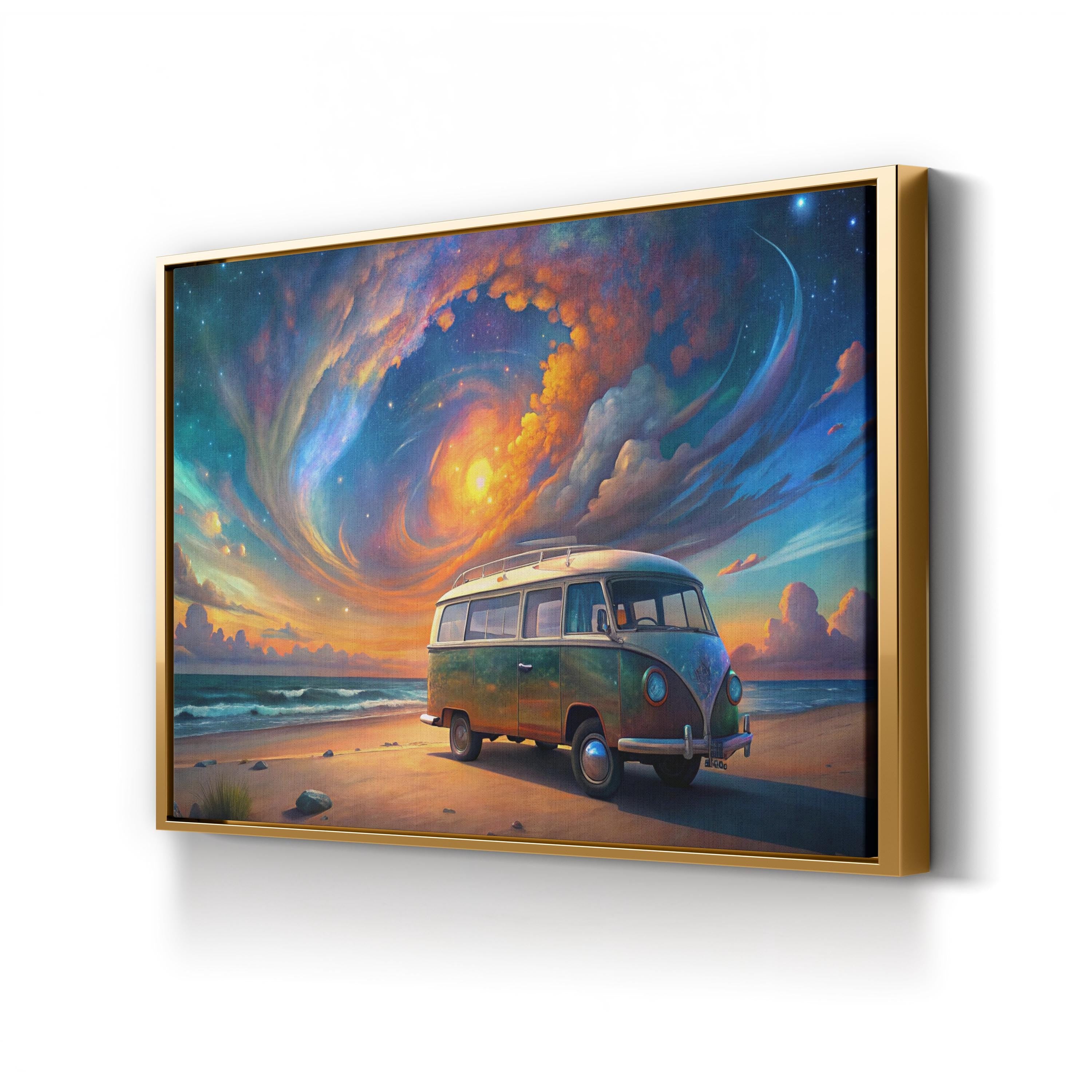 Van Life Beach Sunset – Period Illustration Wall Art | Coastal Landscape Canvas Print