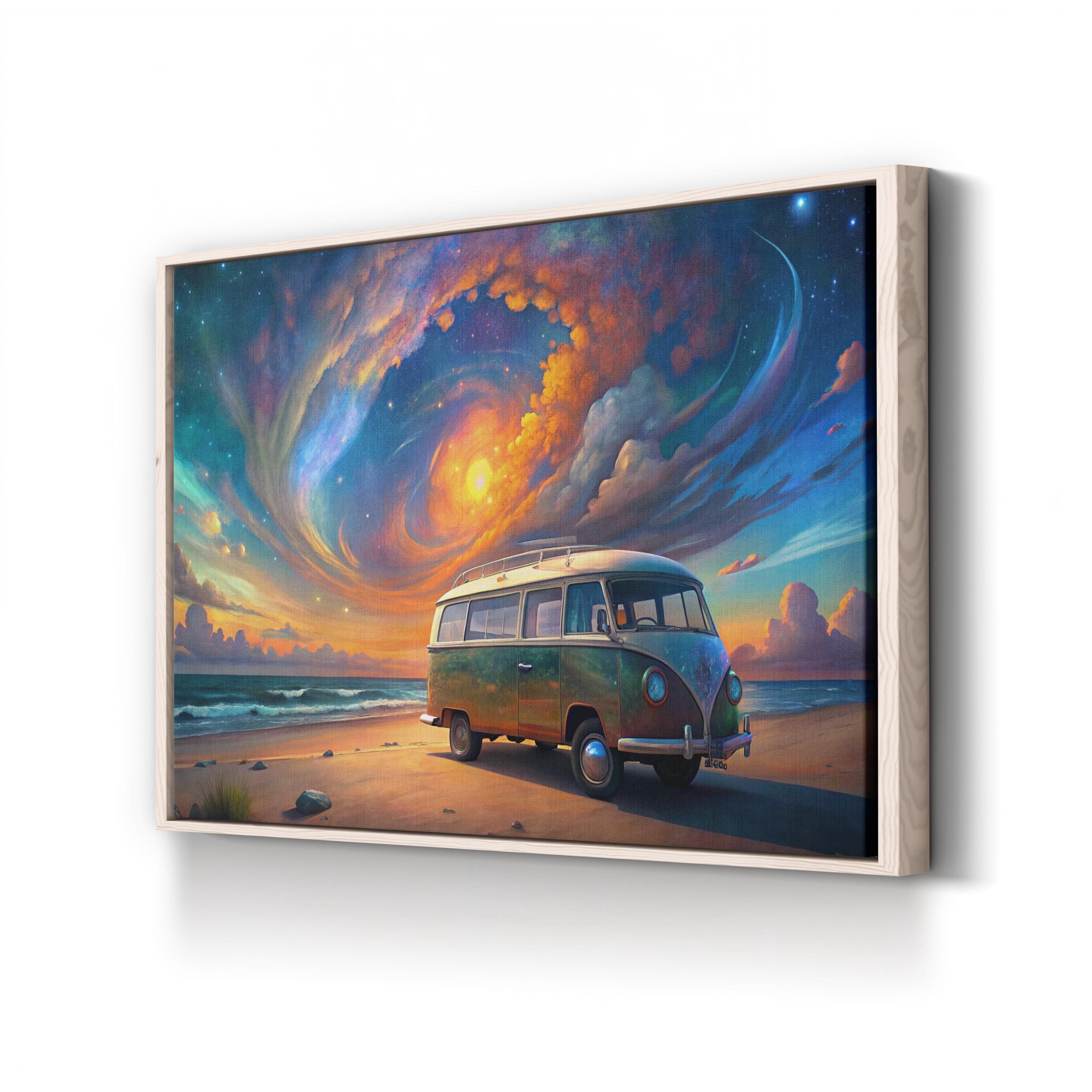 Van Life Beach Sunset – Period Illustration Wall Art | Coastal Landscape Canvas Print