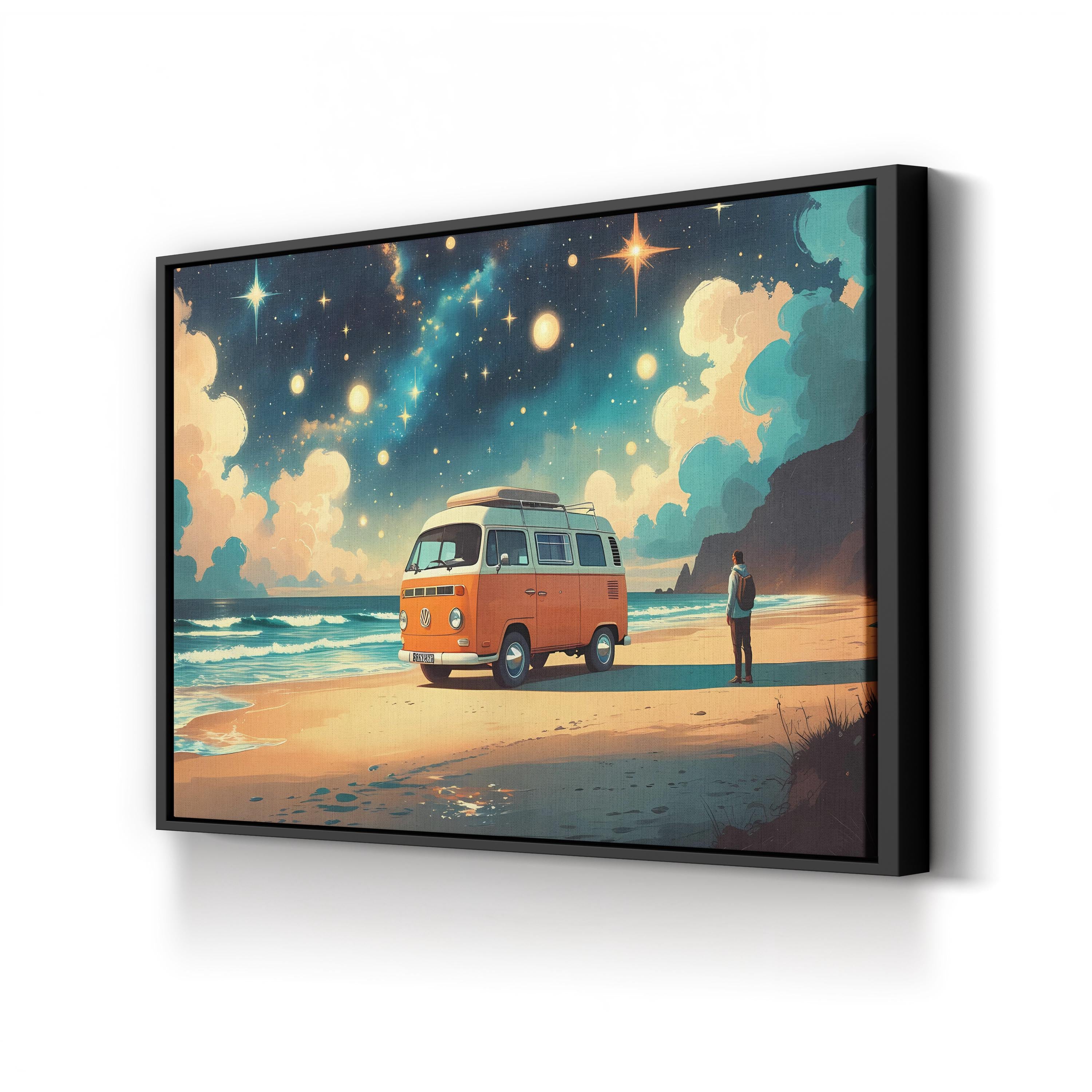 Retro Van Beach Sunset – Period Illustration Wall Art | Coastal Van Life Canvas Print