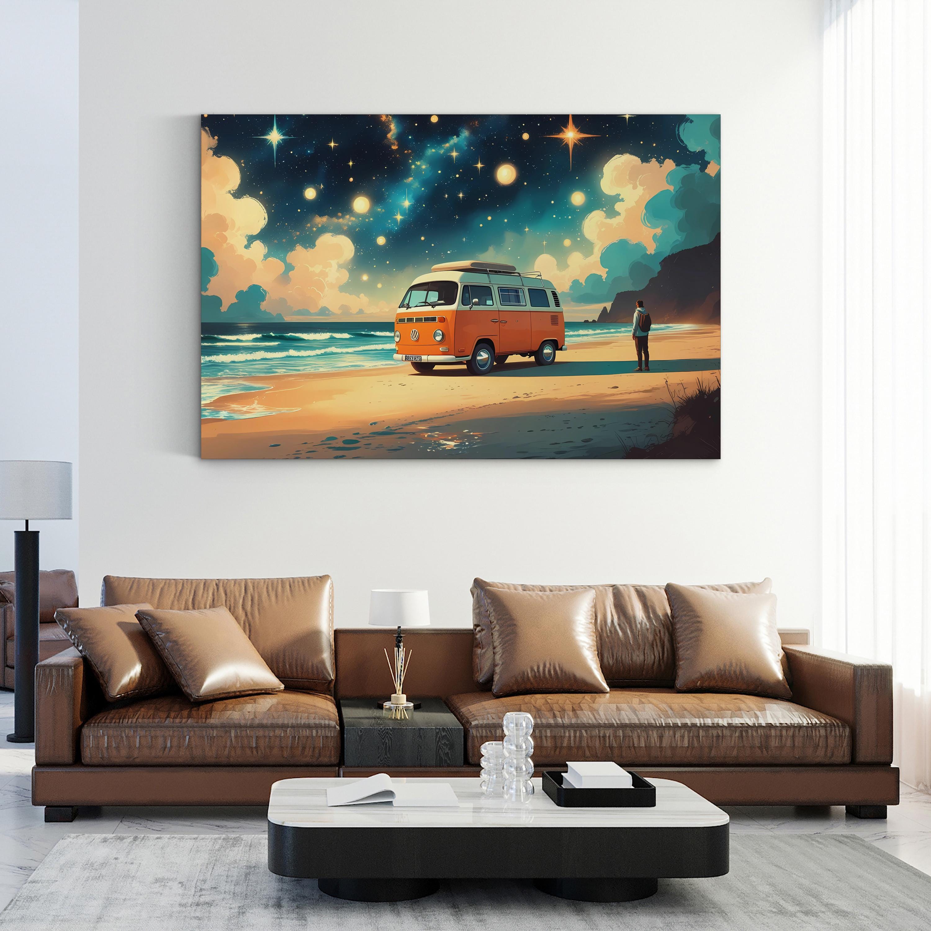 Retro Van Beach Sunset – Period Illustration Wall Art | Coastal Van Life Canvas Print