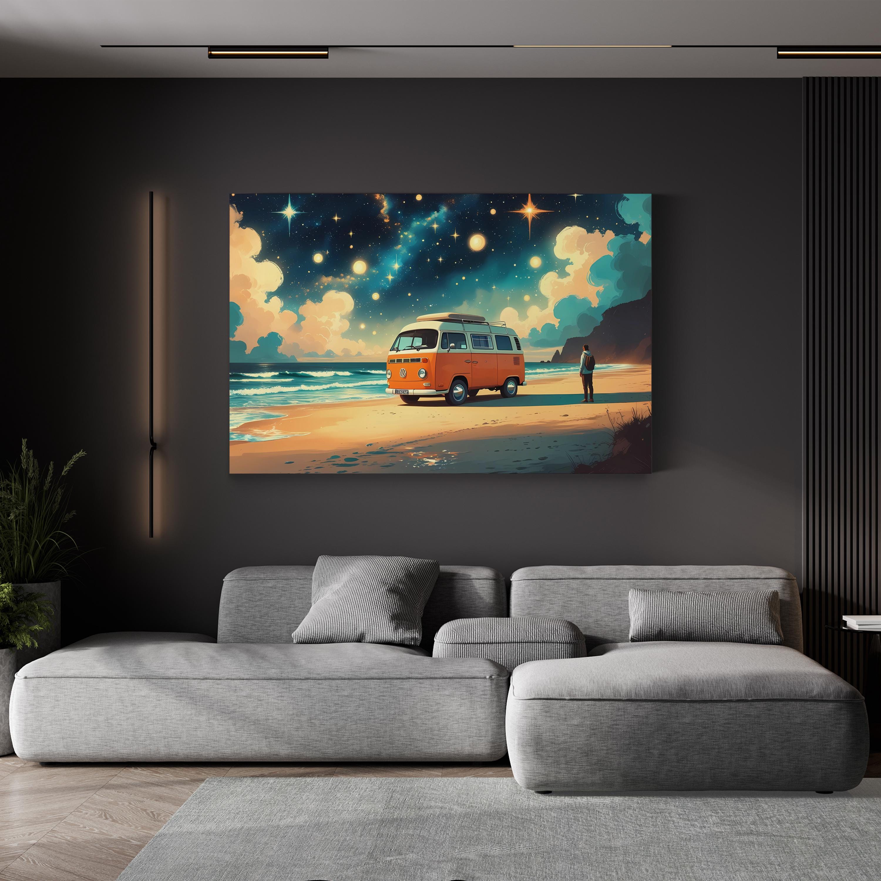 Retro Van Beach Sunset – Period Illustration Wall Art | Coastal Van Life Canvas Print