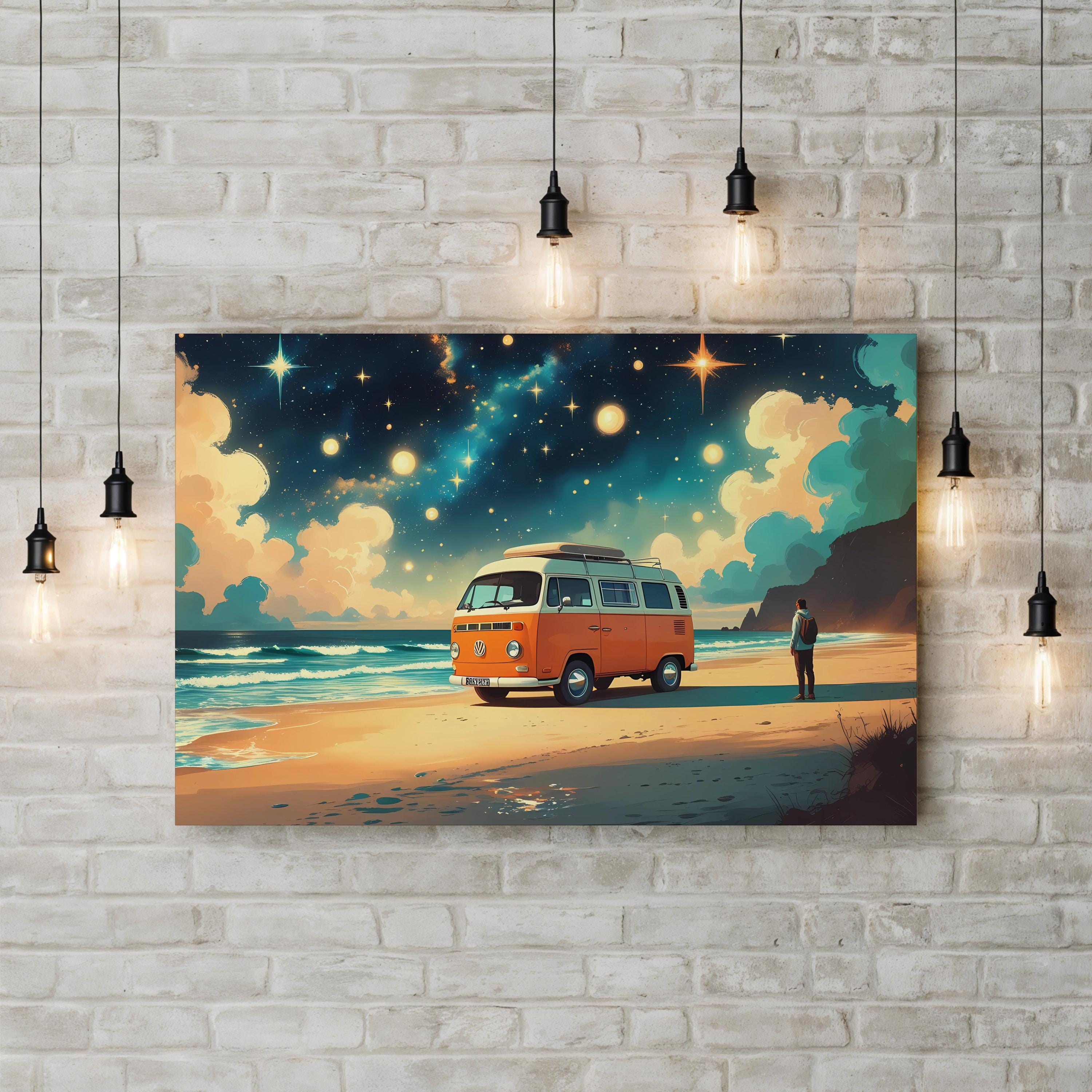 Retro Van Beach Sunset – Period Illustration Wall Art | Coastal Van Life Canvas Print