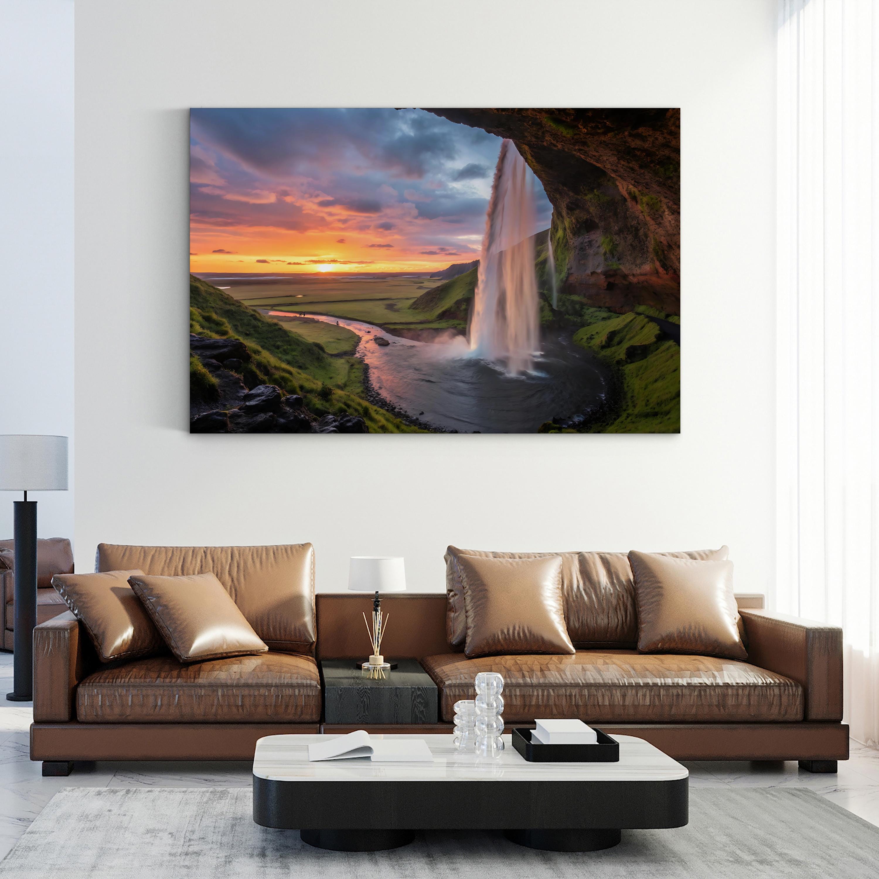 Fiery Waterfall Canvas Art — Dramatic Sunset Landscape Photography
