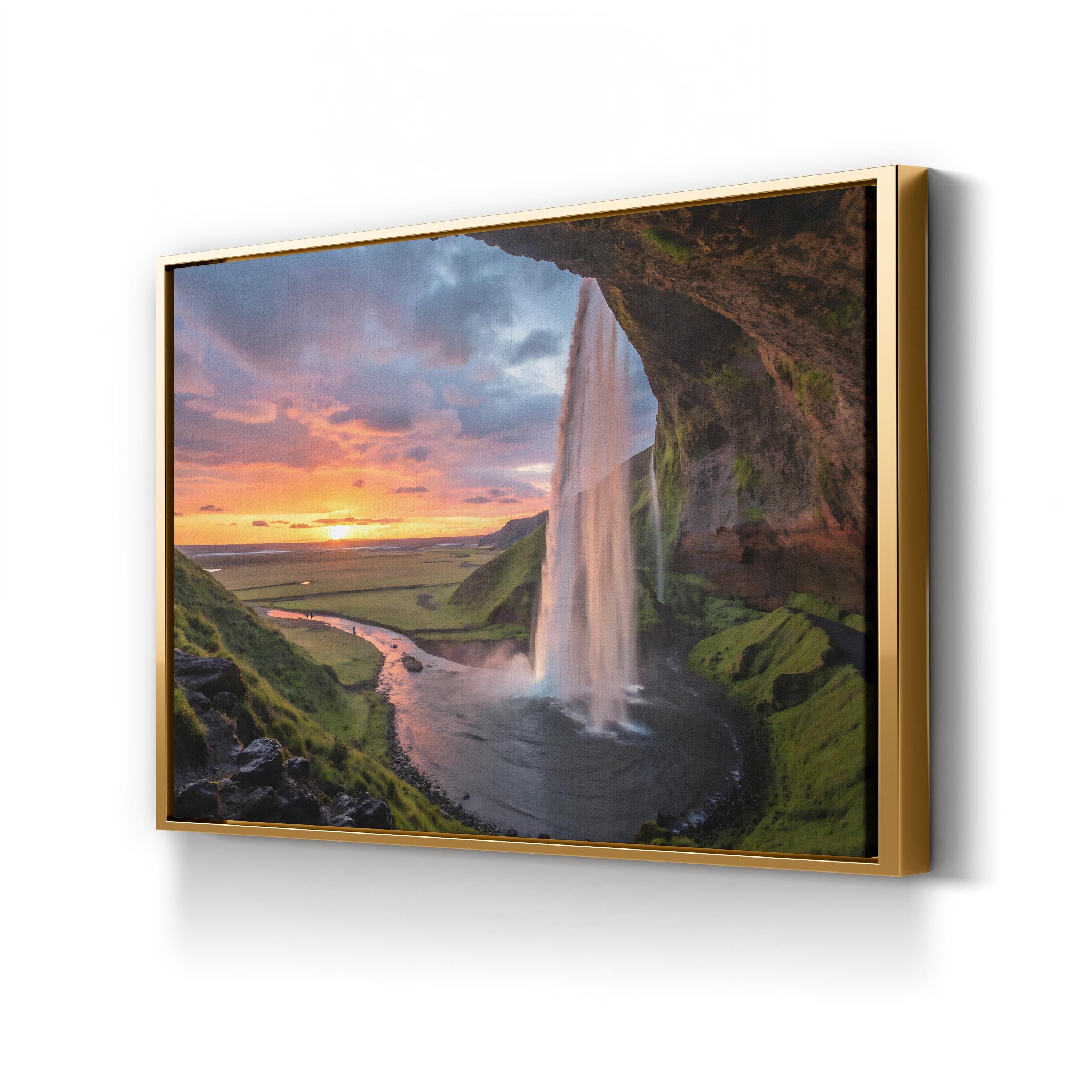 Fiery Waterfall Canvas Art — Dramatic Sunset Landscape Photography