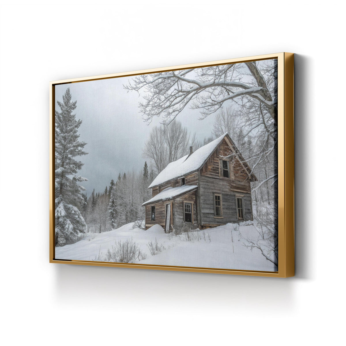 Snowbound Cabin in the Woods canvas print in Gold Framed Canvas