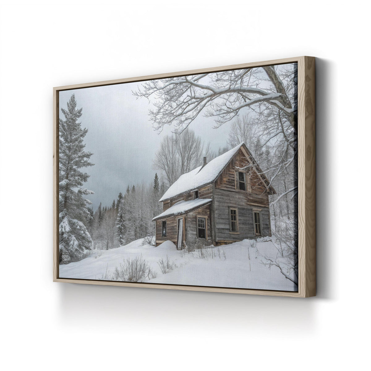 Snowbound Cabin in the Woods canvas print in Oak Framed Canvas