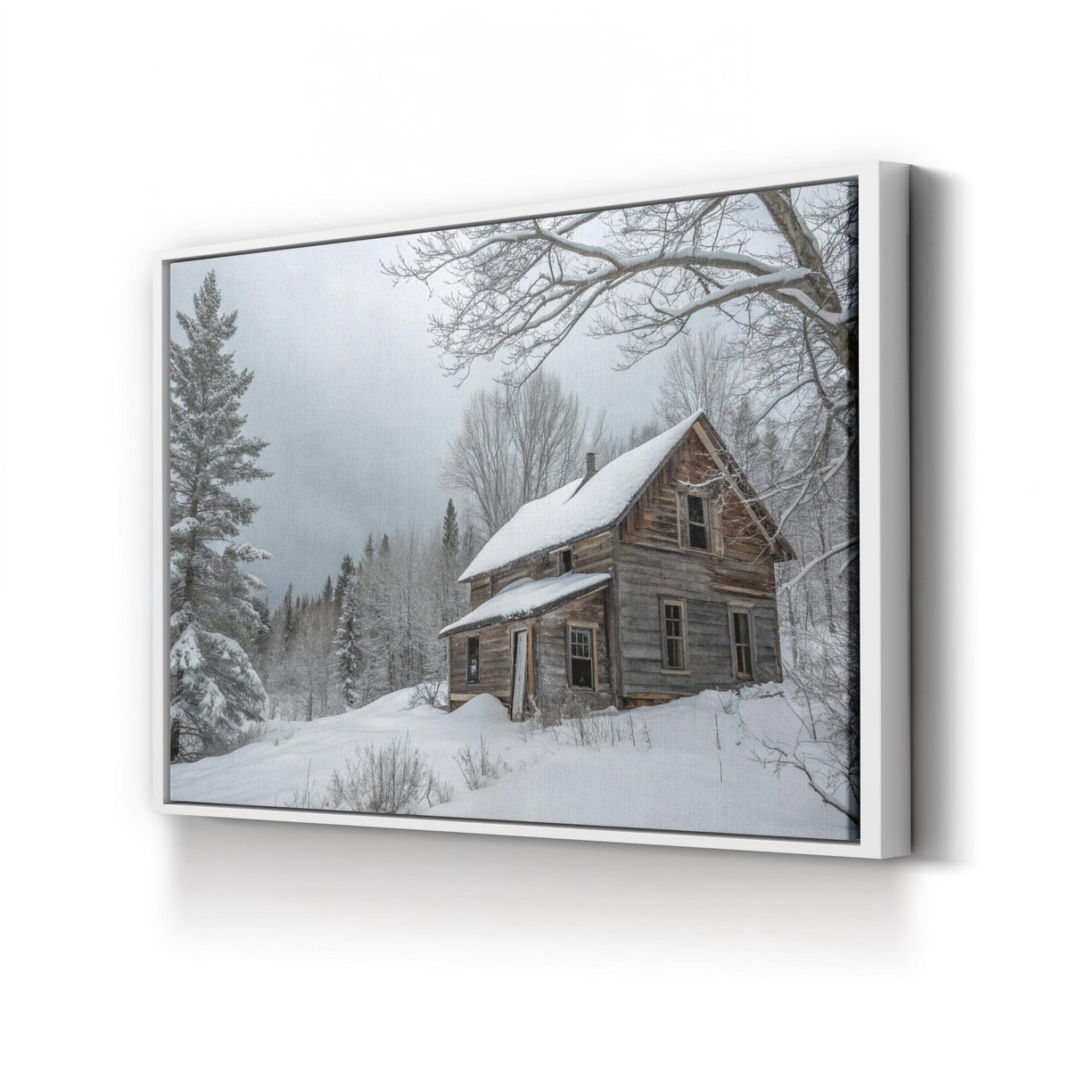 Snowbound Cabin in the Woods canvas print in White Framed Canvas