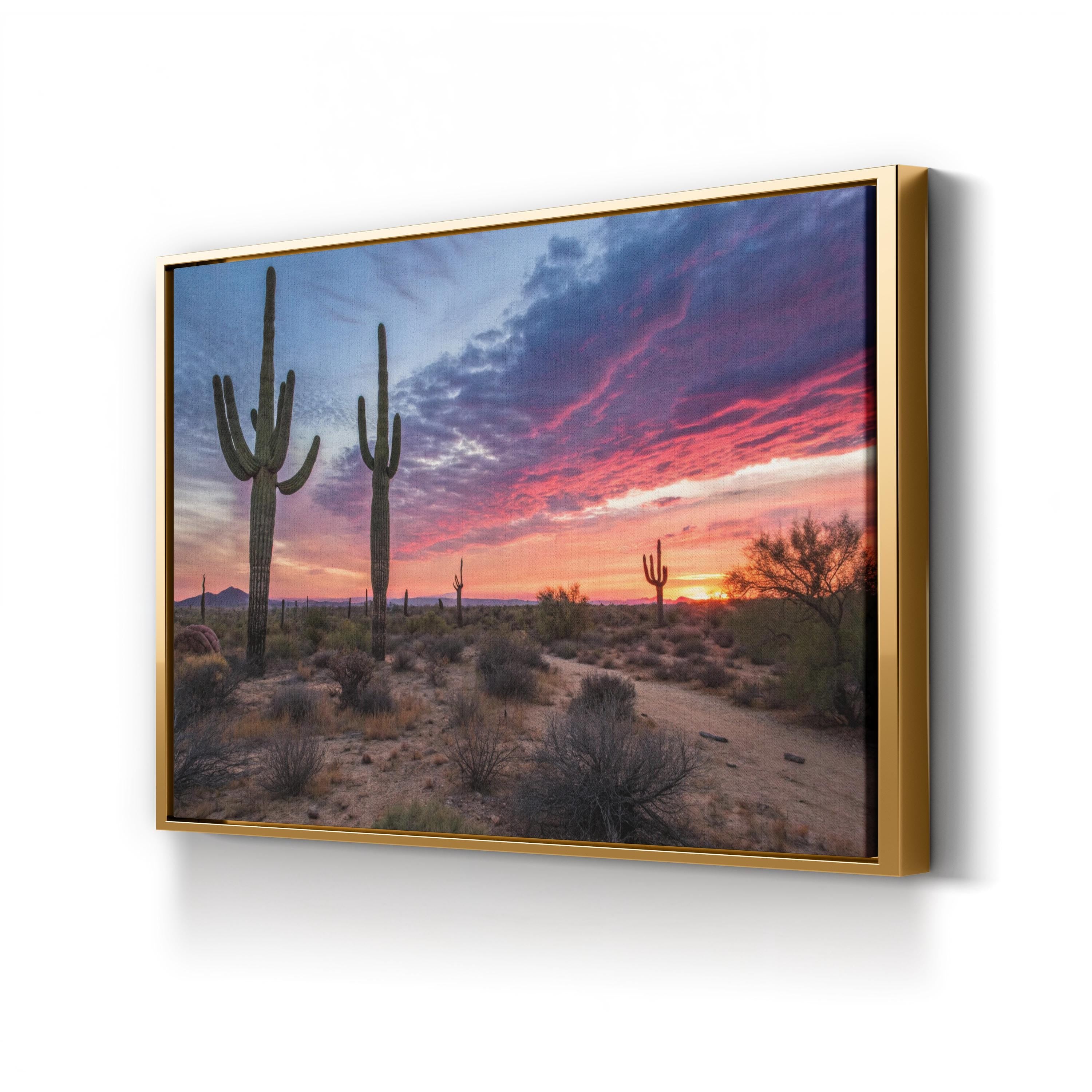 Arizona Desert Sunset Landscape – Vintage Photography Wall Art | Saguaro Cacti Canvas Print