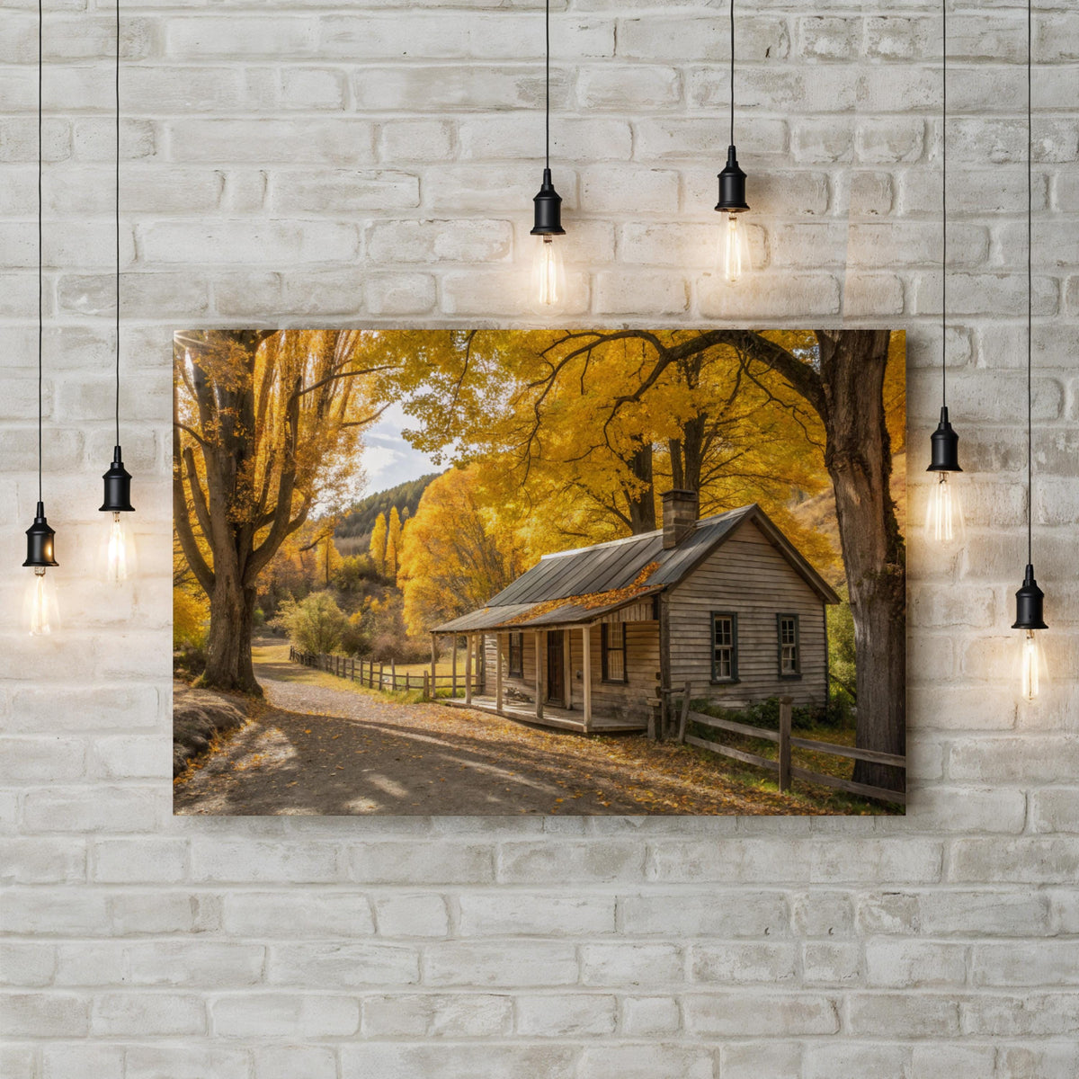Arrowtown Autumn Cottage, Otago, New Zealand canvas print displayed in a dark modern room