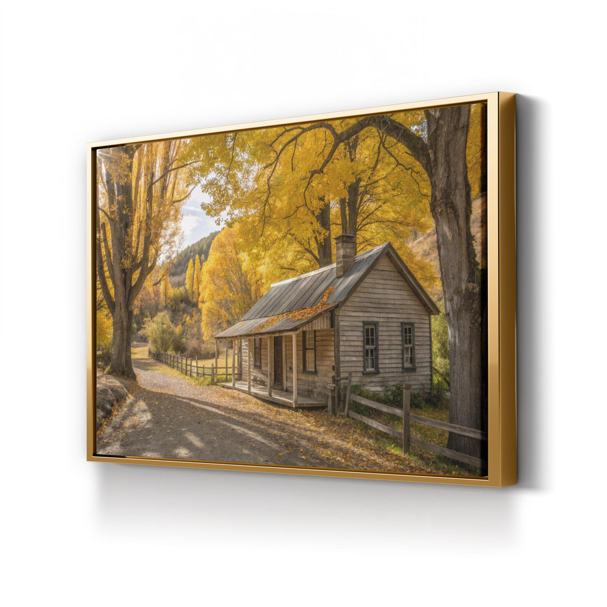 Arrowtown Autumn Cottage, Otago, New Zealand canvas print in a gold frame