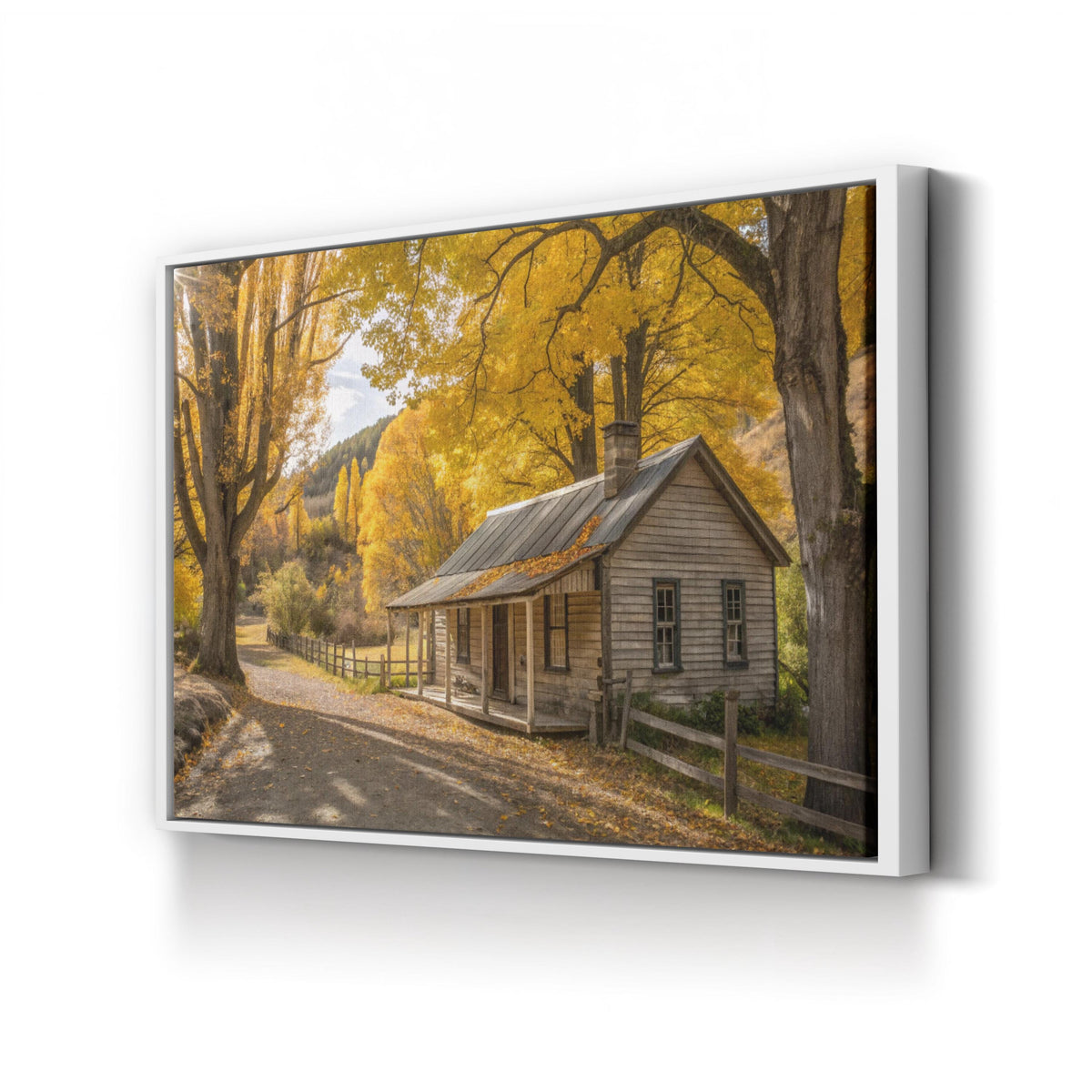Arrowtown Autumn Cottage, Otago, New Zealand canvas print in a white frame