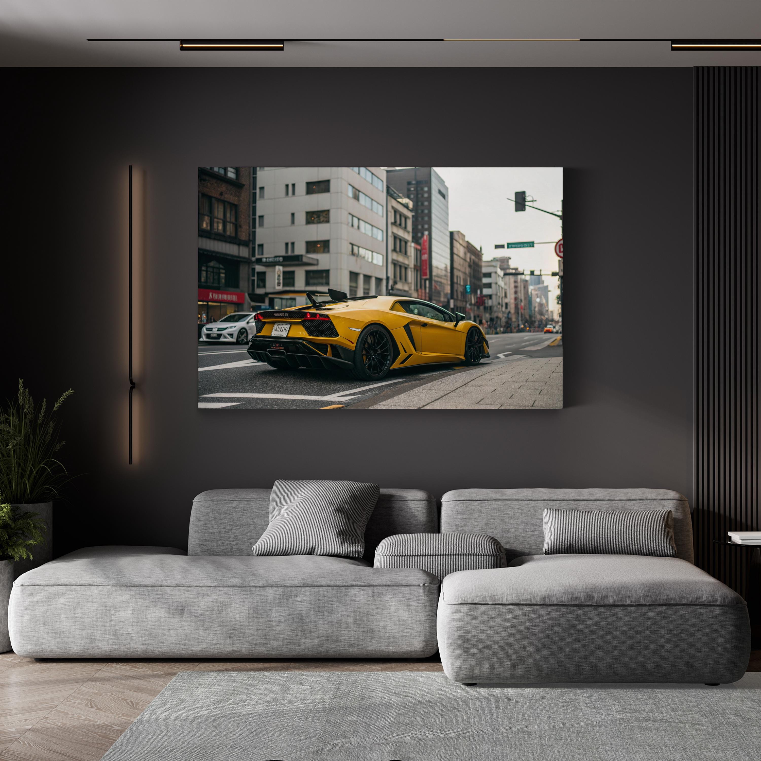 Epic Boss Fight Supercar – Period Illustration Wall Art | Urban Action Canvas Print