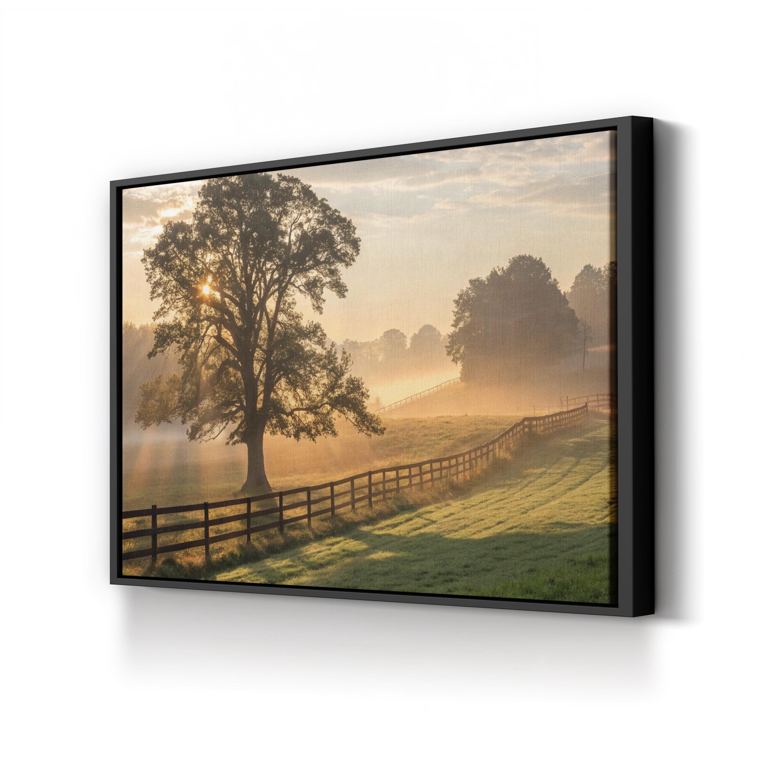 Foggy Dawn Tree Countryside – Vintage Photography Wall Art | Peaceful Landscape Canvas Print