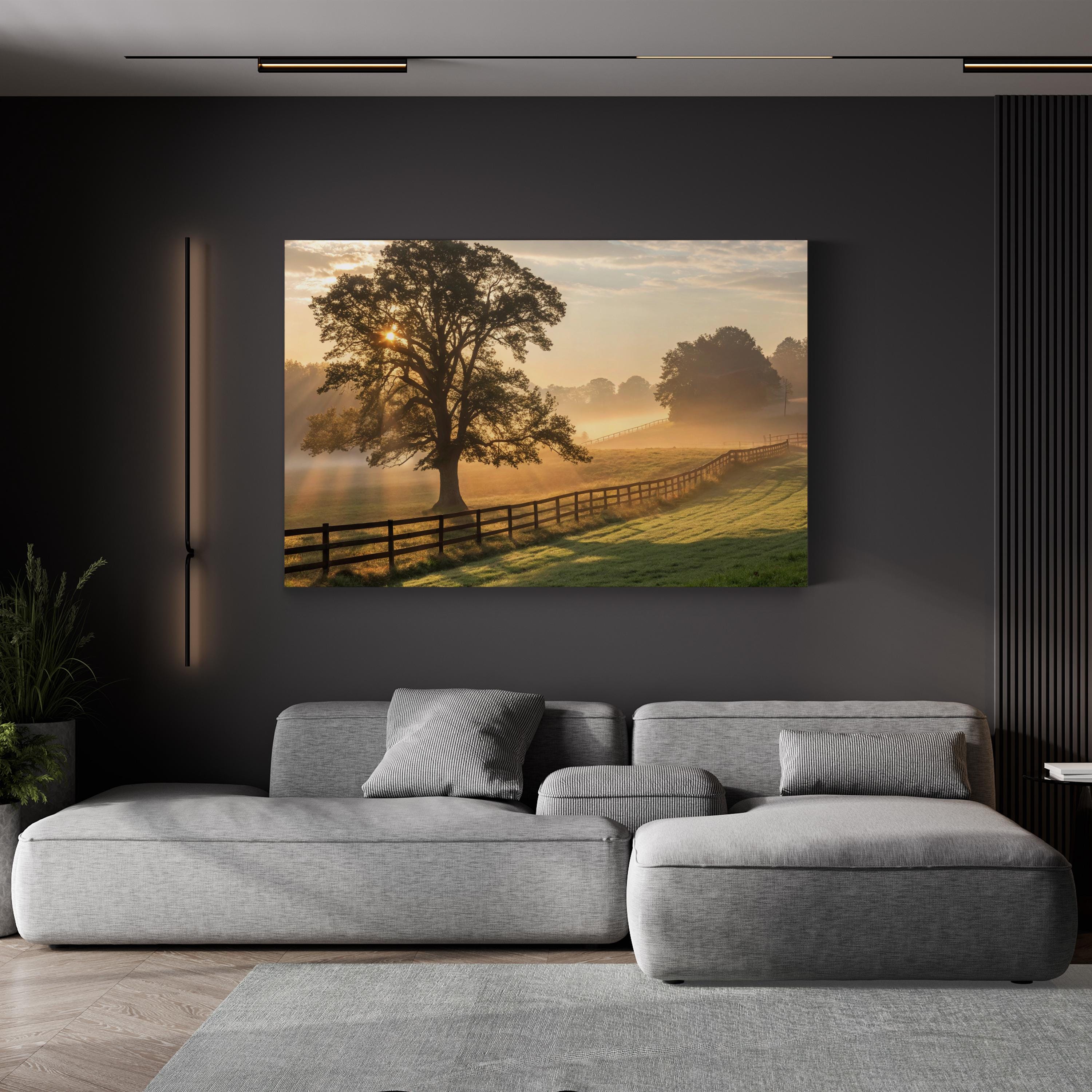Foggy Dawn Tree Countryside – Vintage Photography Wall Art | Peaceful Landscape Canvas Print