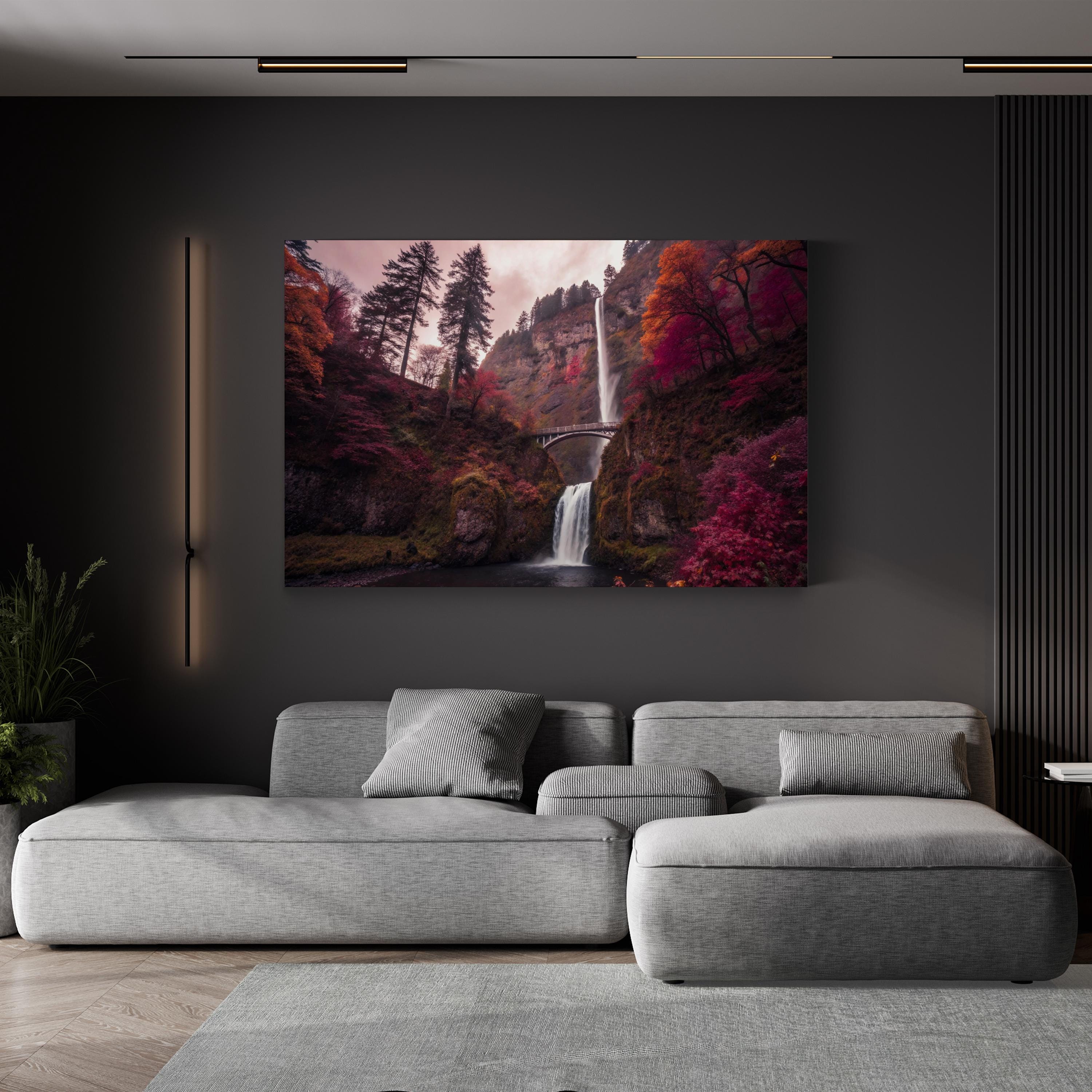 Autumn Waterfall Canvas Art — Colorful Foliage Landscape Photography