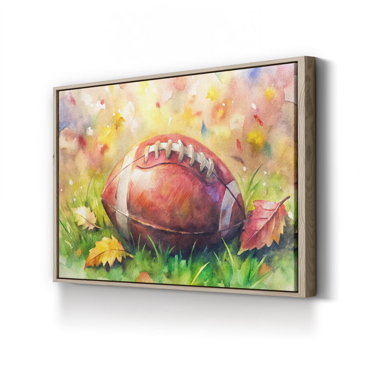 Watercolor Football in Autumn canvas print in Oak frame