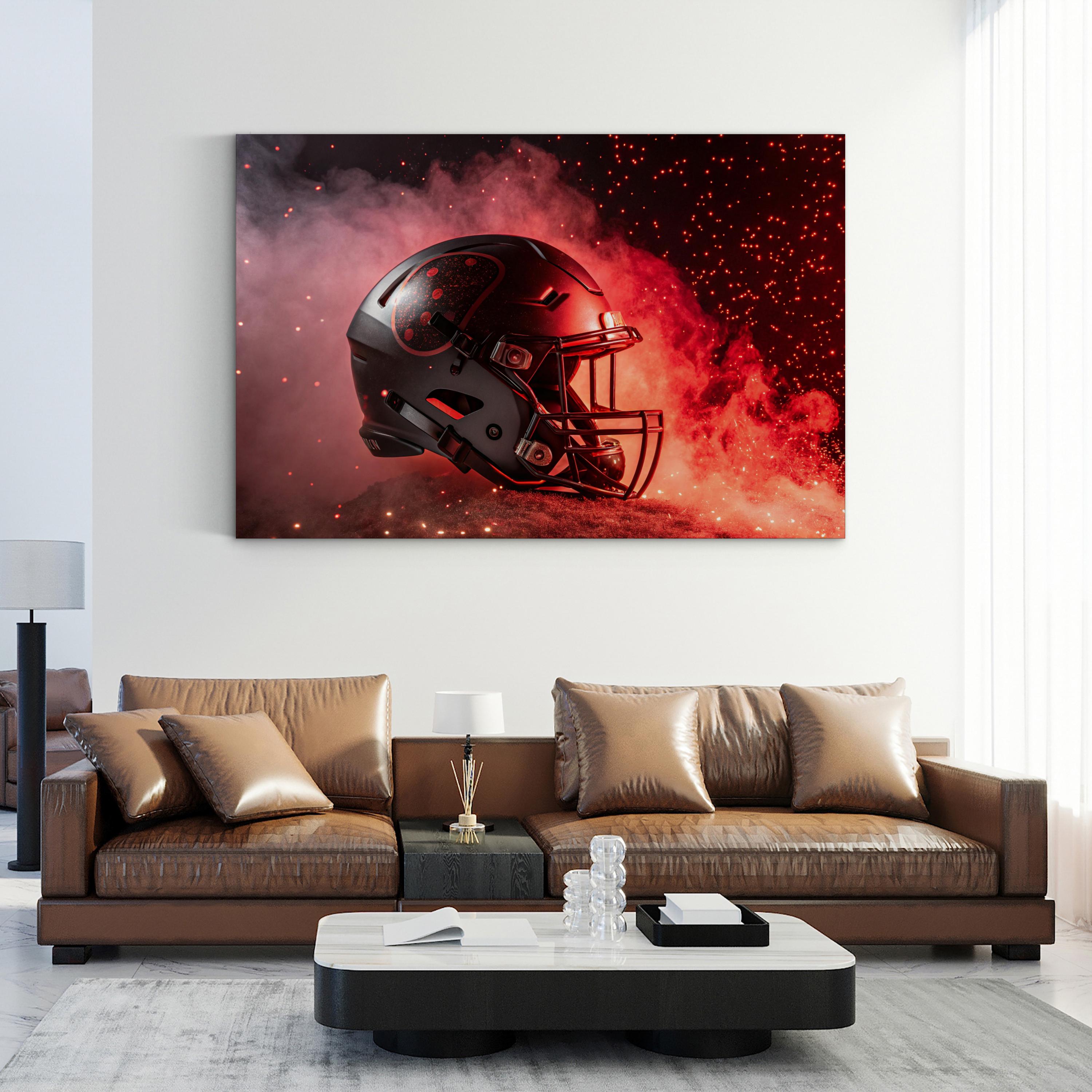 Red Football Helmet Flames – Period Illustration Wall Art | Sports Canvas Print