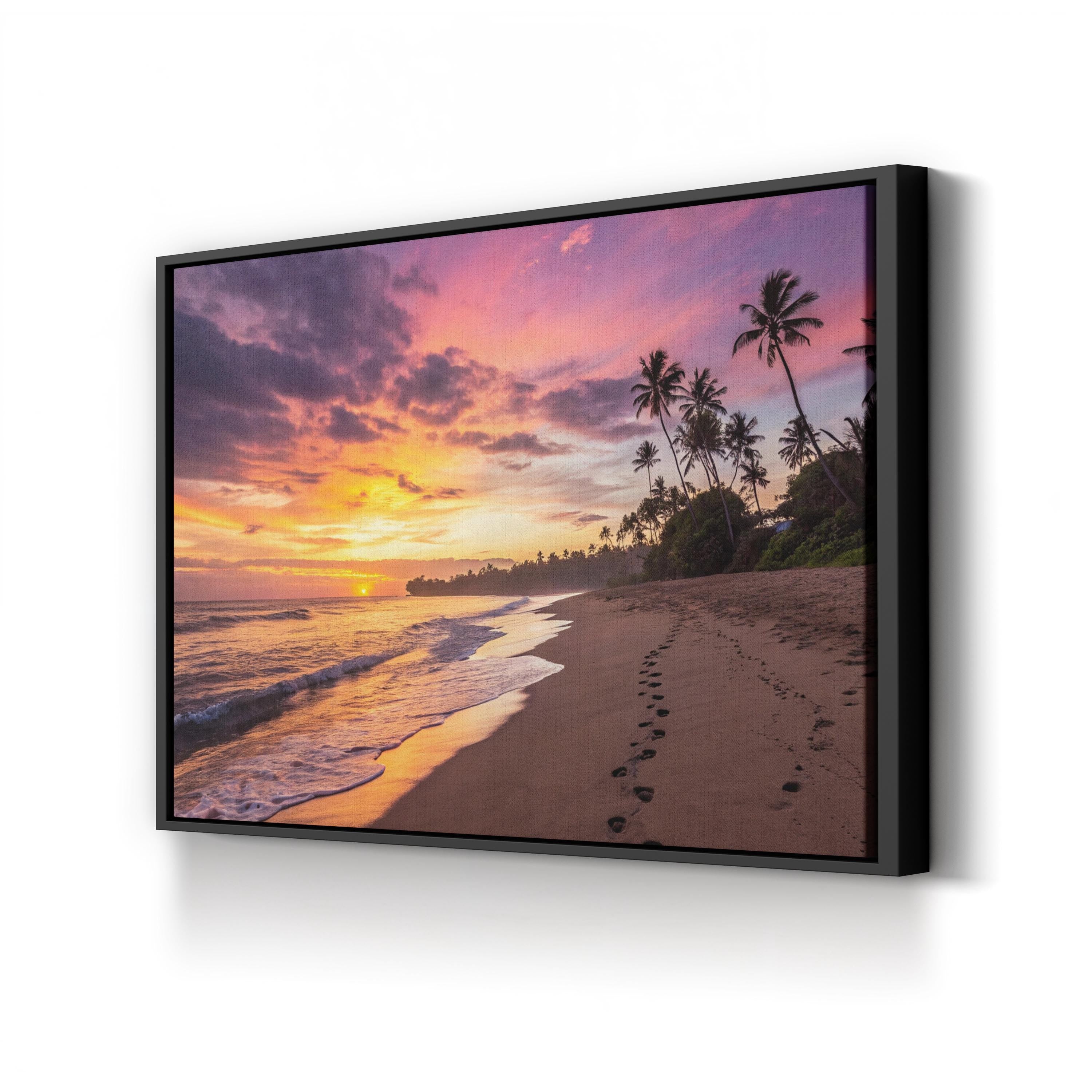 Sunset Beach Canvas Art – Footprints in Sand, Coastal Landscape Framed Print