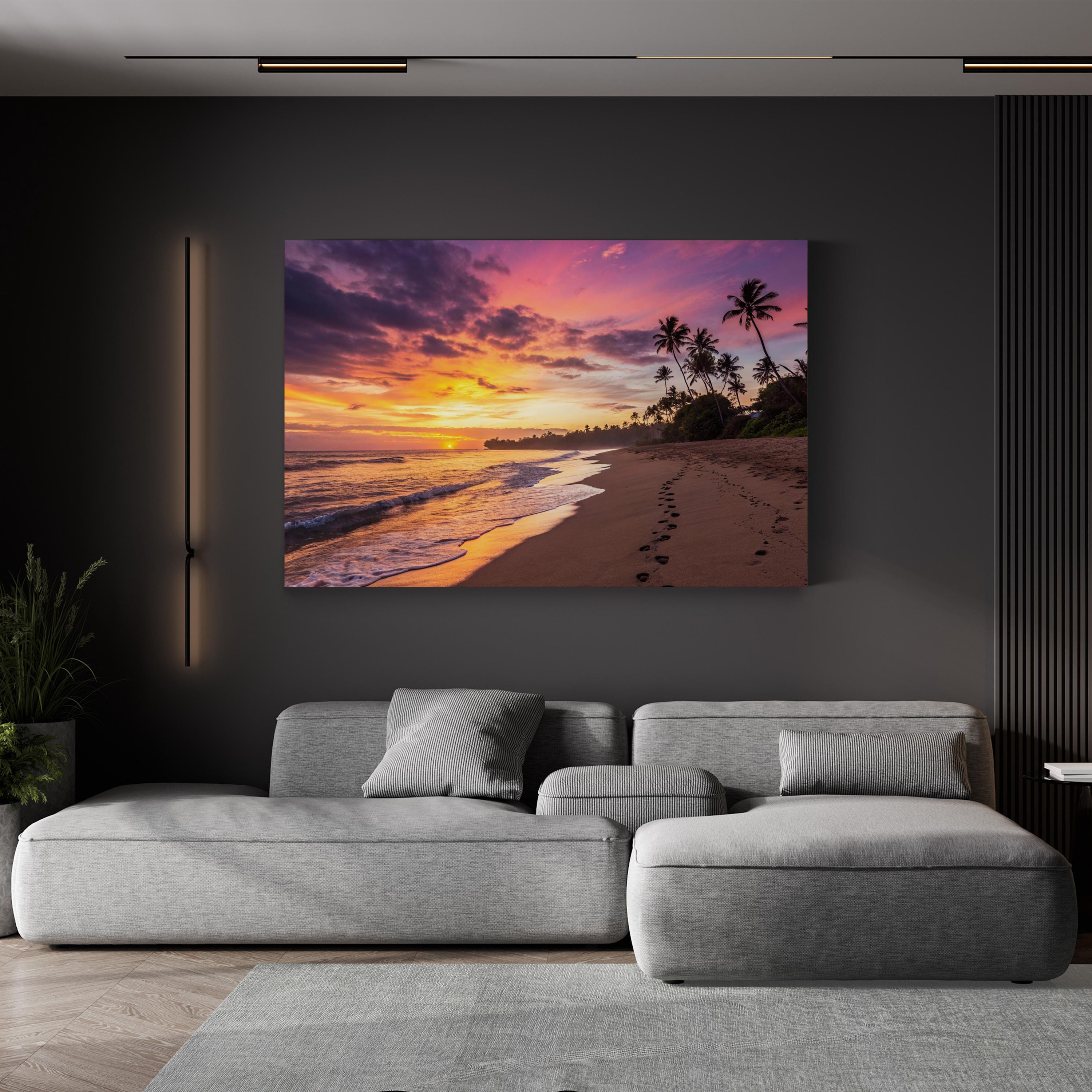 Sunset Beach Canvas Art – Footprints in Sand, Coastal Landscape Framed Print