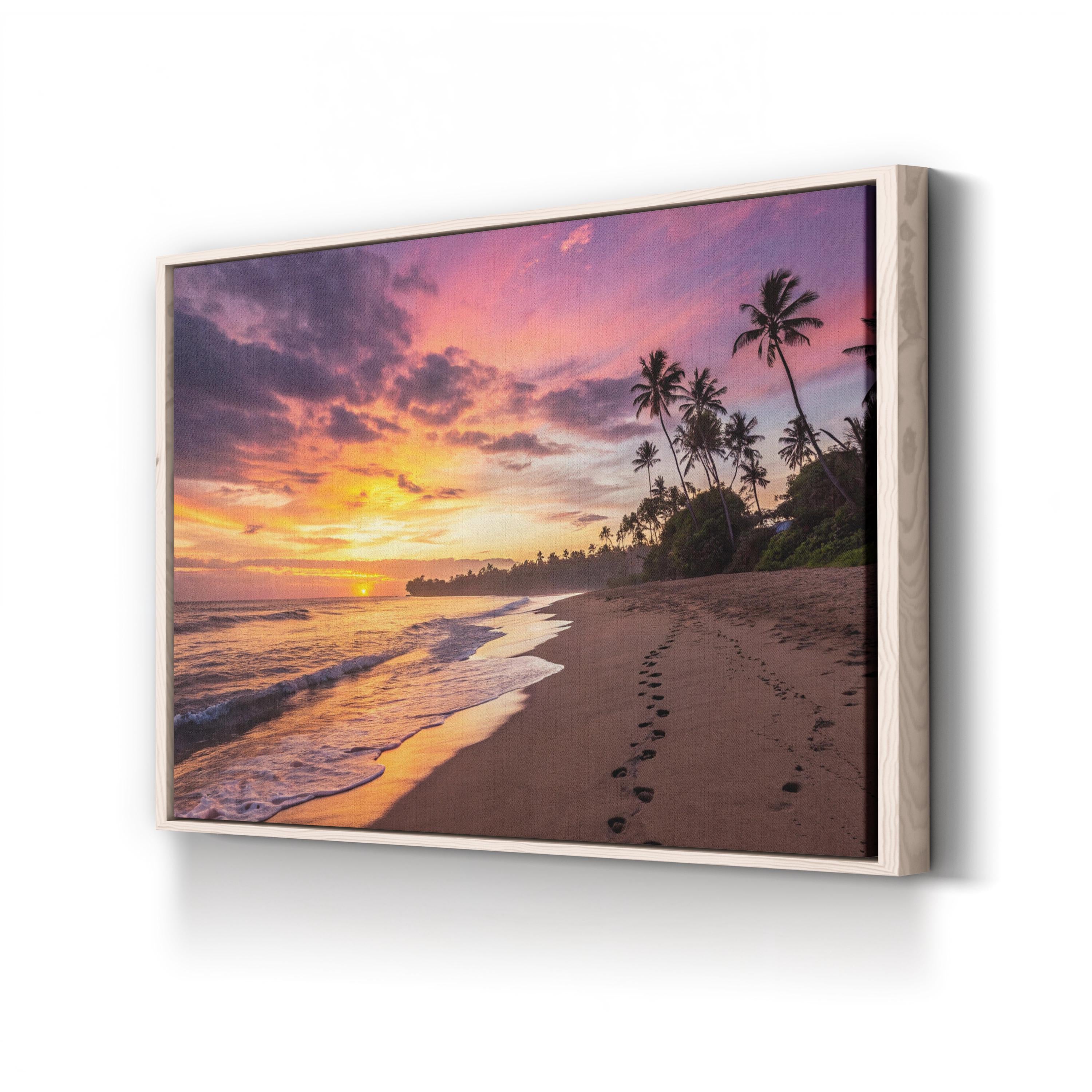 Sunset Beach Canvas Art – Footprints in Sand, Coastal Landscape Framed Print