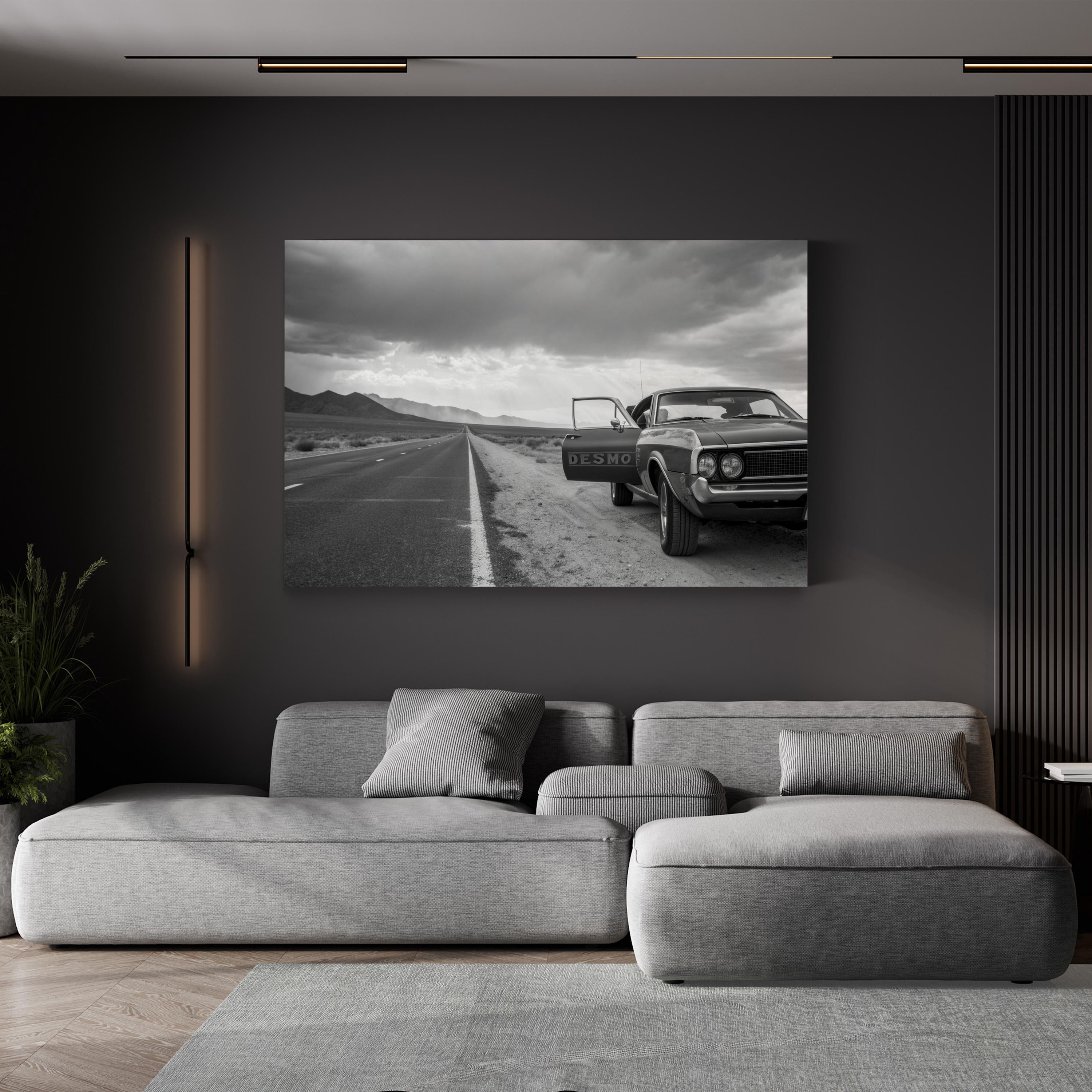 Vintage Car Open Road – Vintage Photography Wall Art | Black & White Landscape Canvas Print