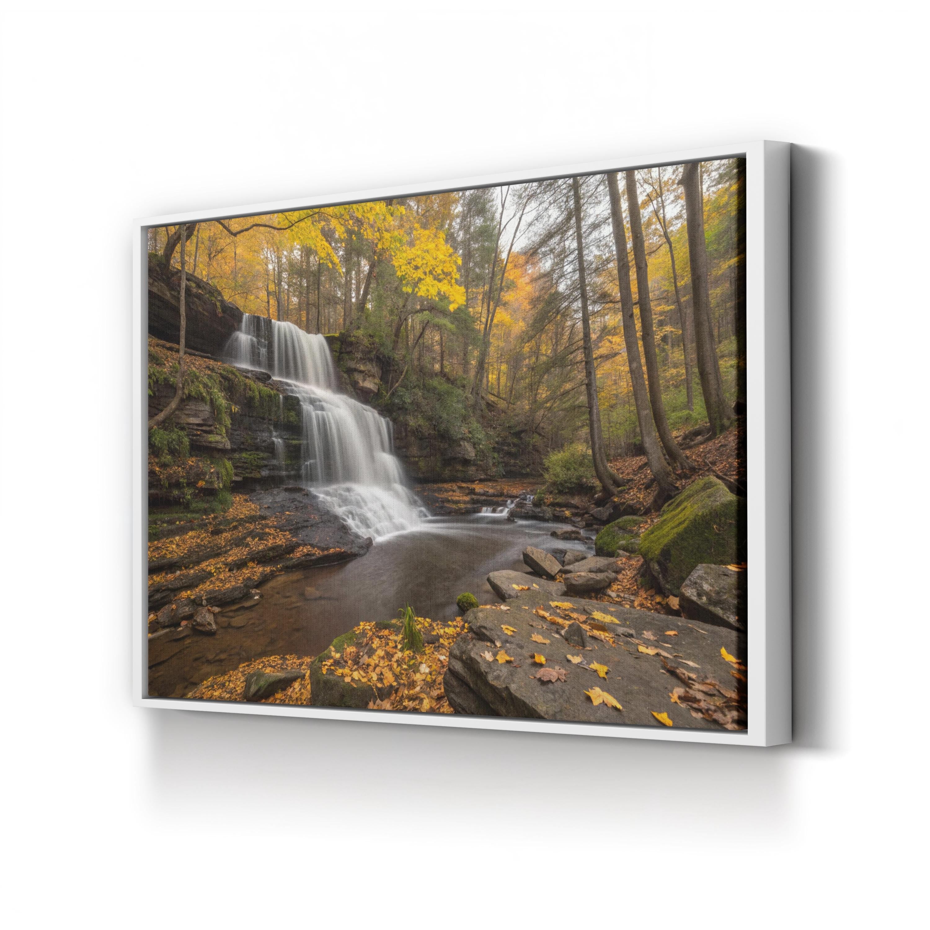 Autumn Waterfall Forest Scene – Vintage Photography Wall Art | Vibrant Fall Canvas Print