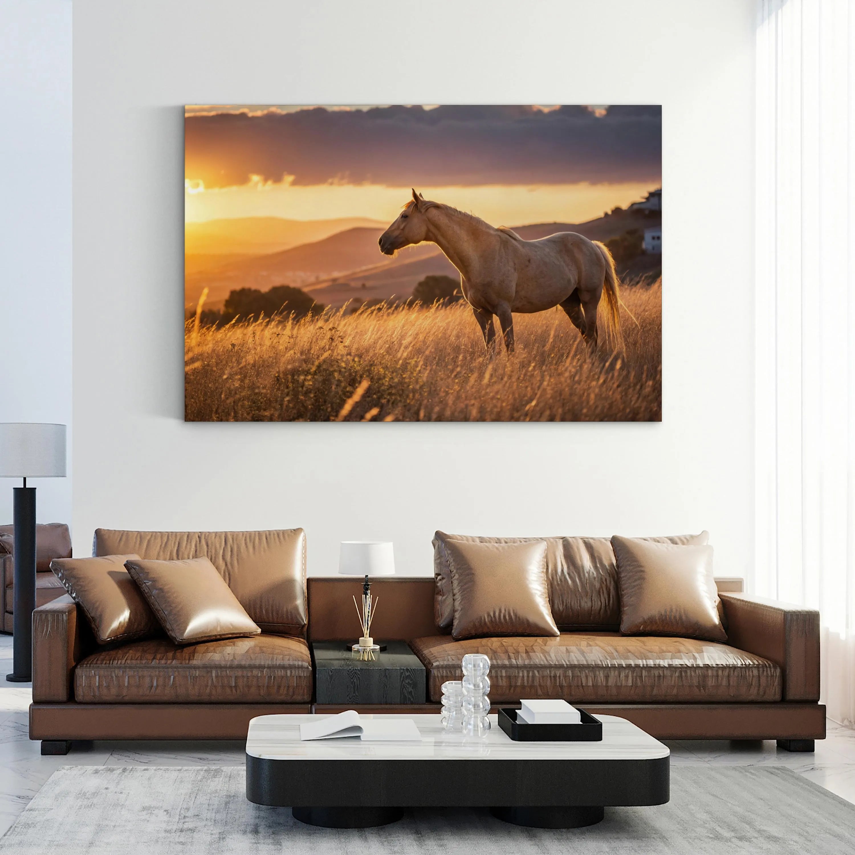 Golden Horse at Sunset – Vintage Photography Wall Art | Western Landscape Canvas Print