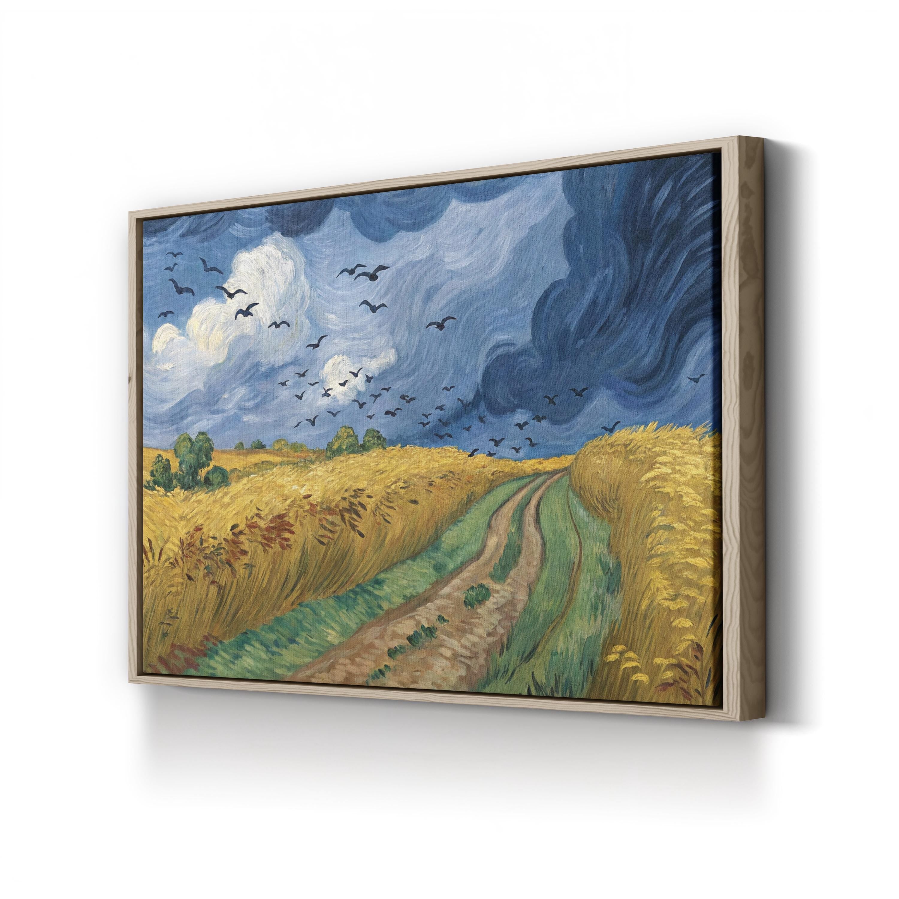 Wheatfield with Crows by Vincent van Gogh canvas print displayed on a brick accent wall