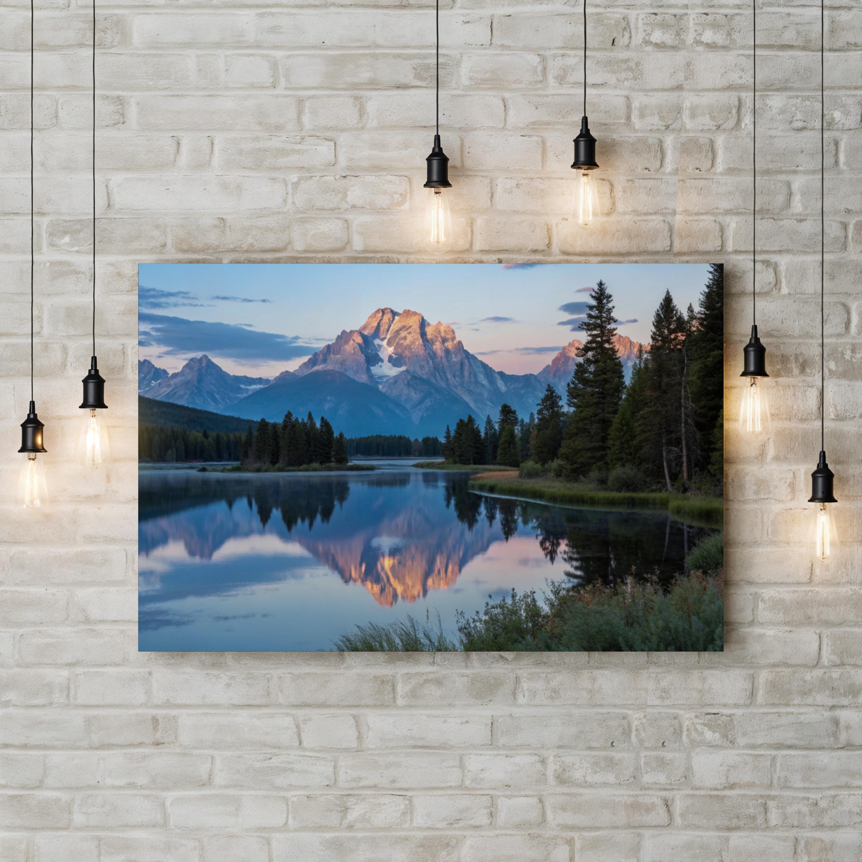 Sunset Mountain Lake Canvas Wall Art — Tranquil Reflection Landscape Print