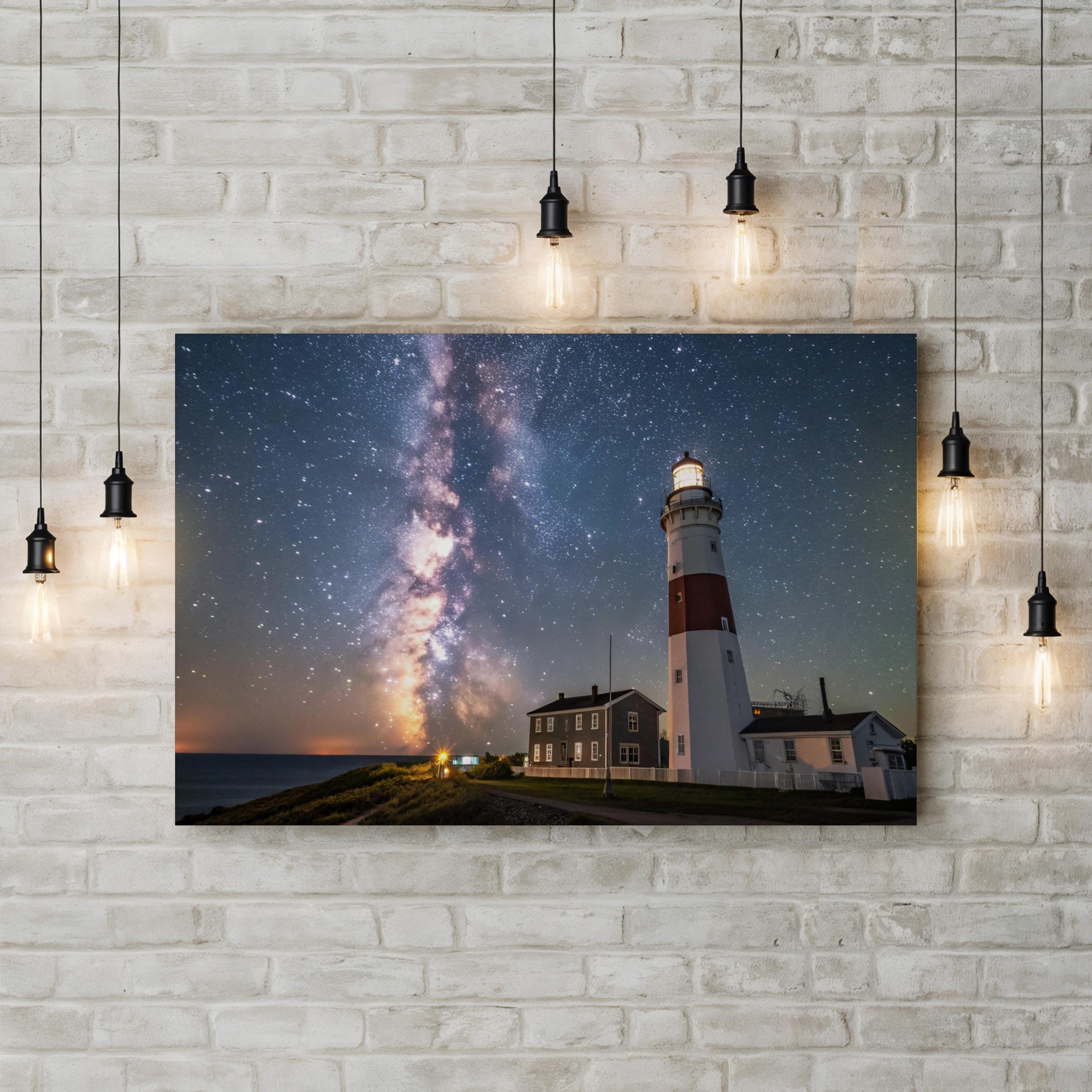 Lighted Lighthouse Galaxy Sky – Vintage Photography Wall Art | Cosmic Canvas Print