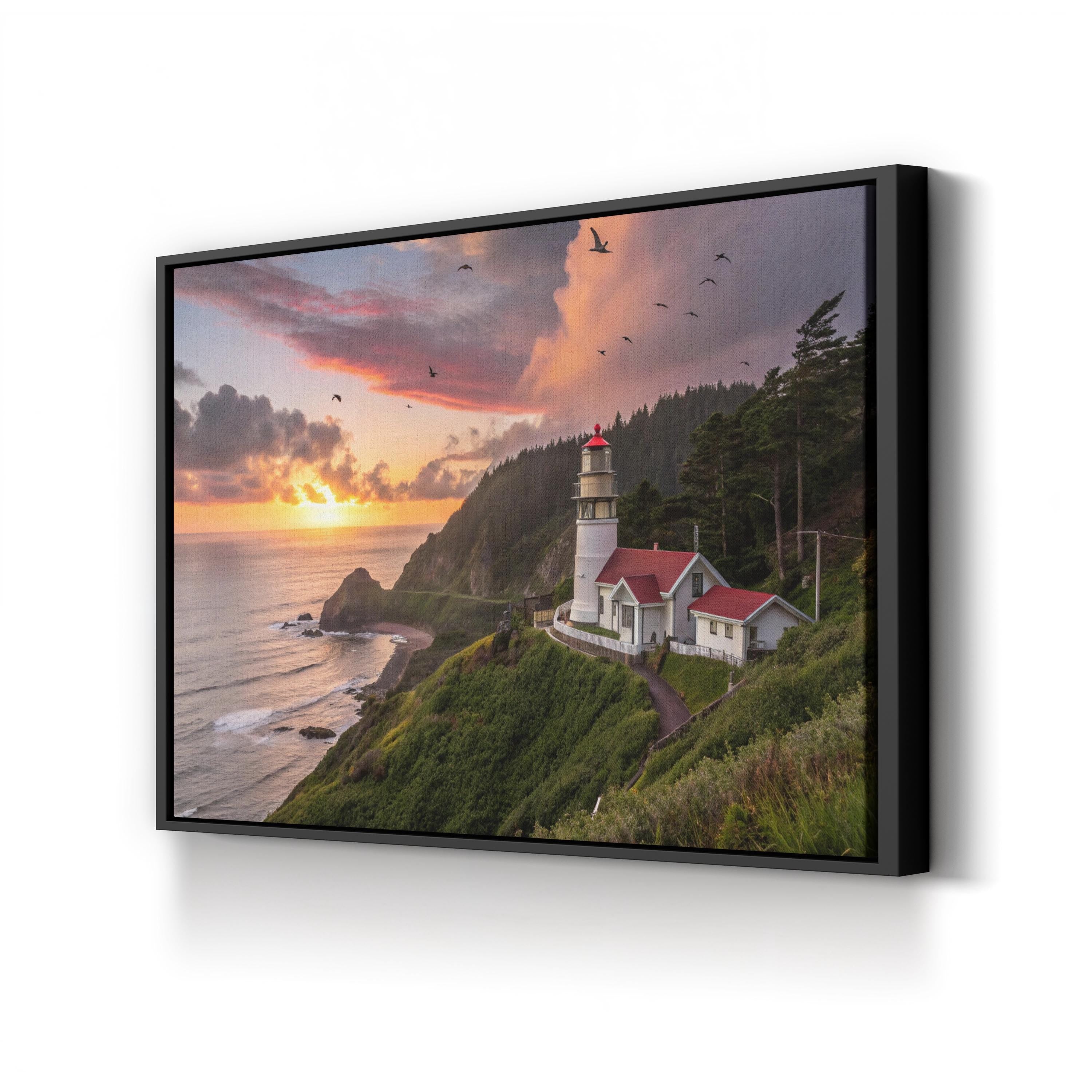 Oregon Coast Lighthouse Sunset – Vintage Photography Wall Art | Coastal Canvas Print