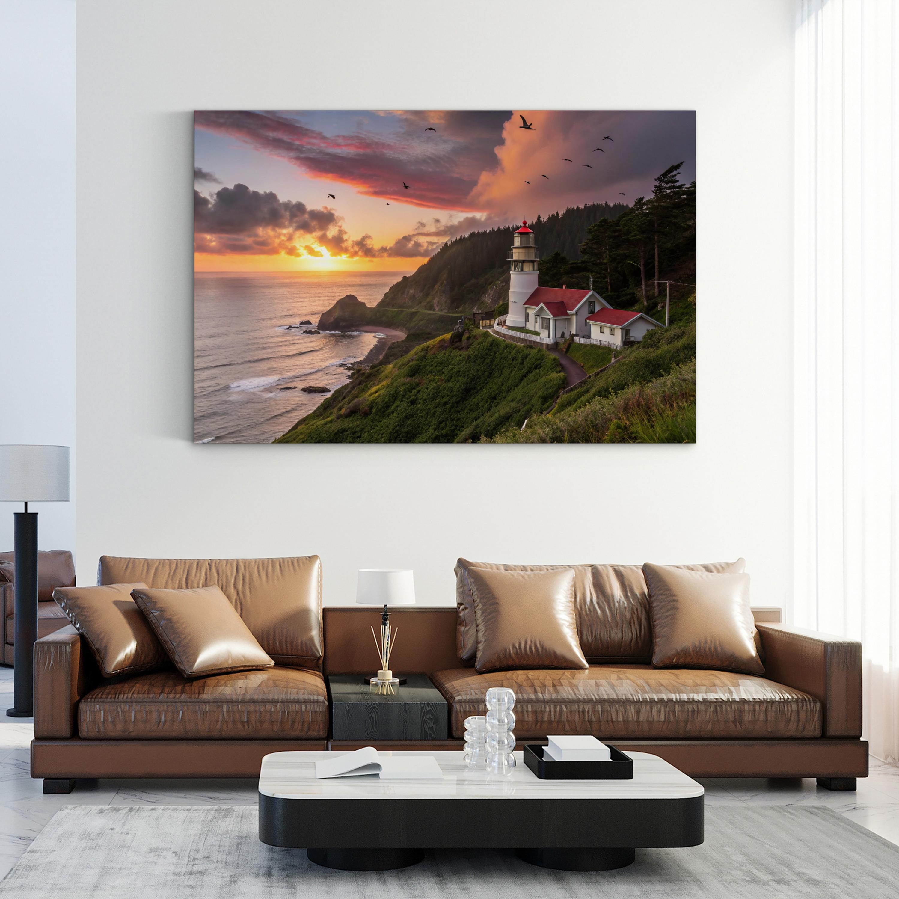 Oregon Coast Lighthouse Sunset – Vintage Photography Wall Art | Coastal Canvas Print