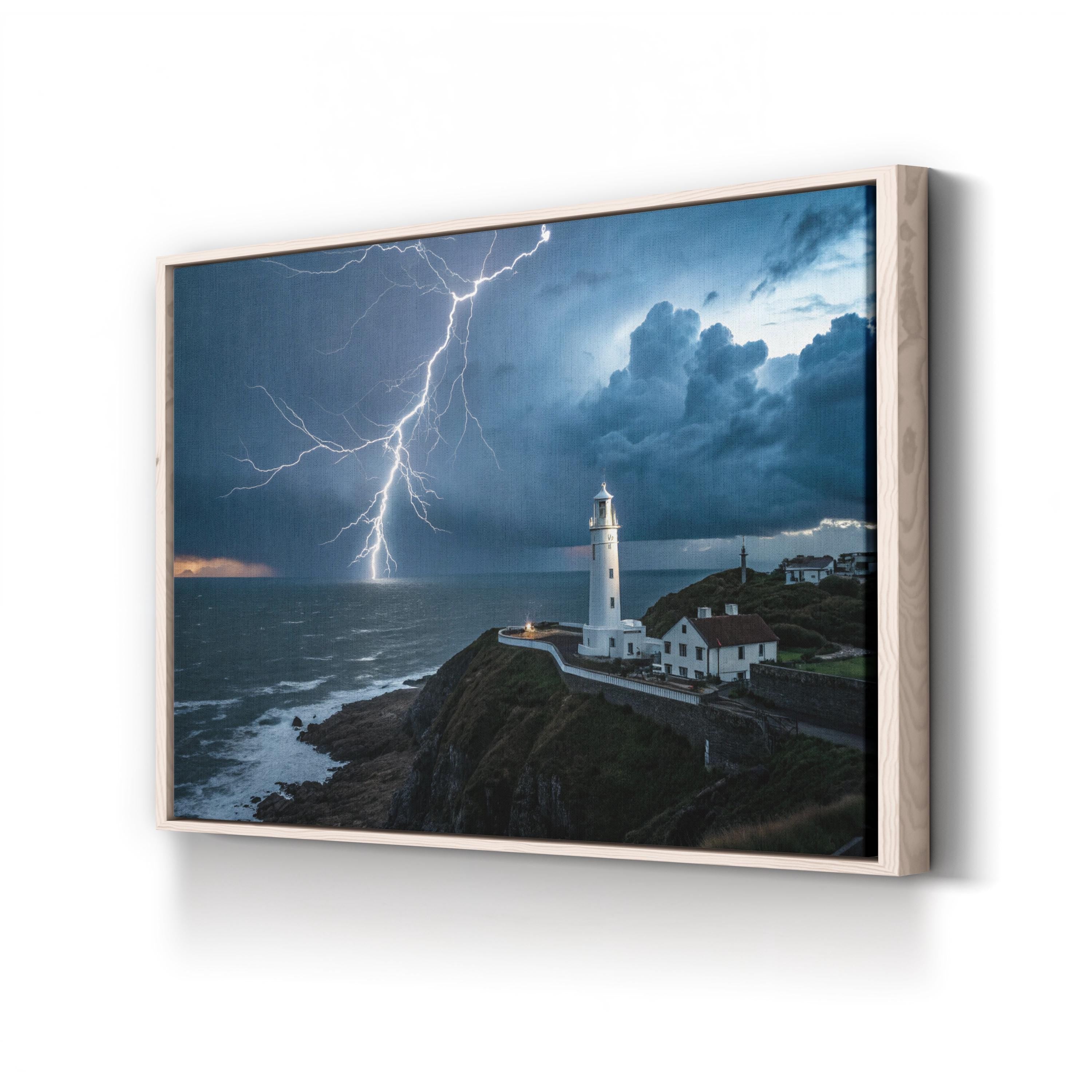 Framed Lighthouse Coastal Storm – Vintage Photography Wall Art | Nautical Canvas Print