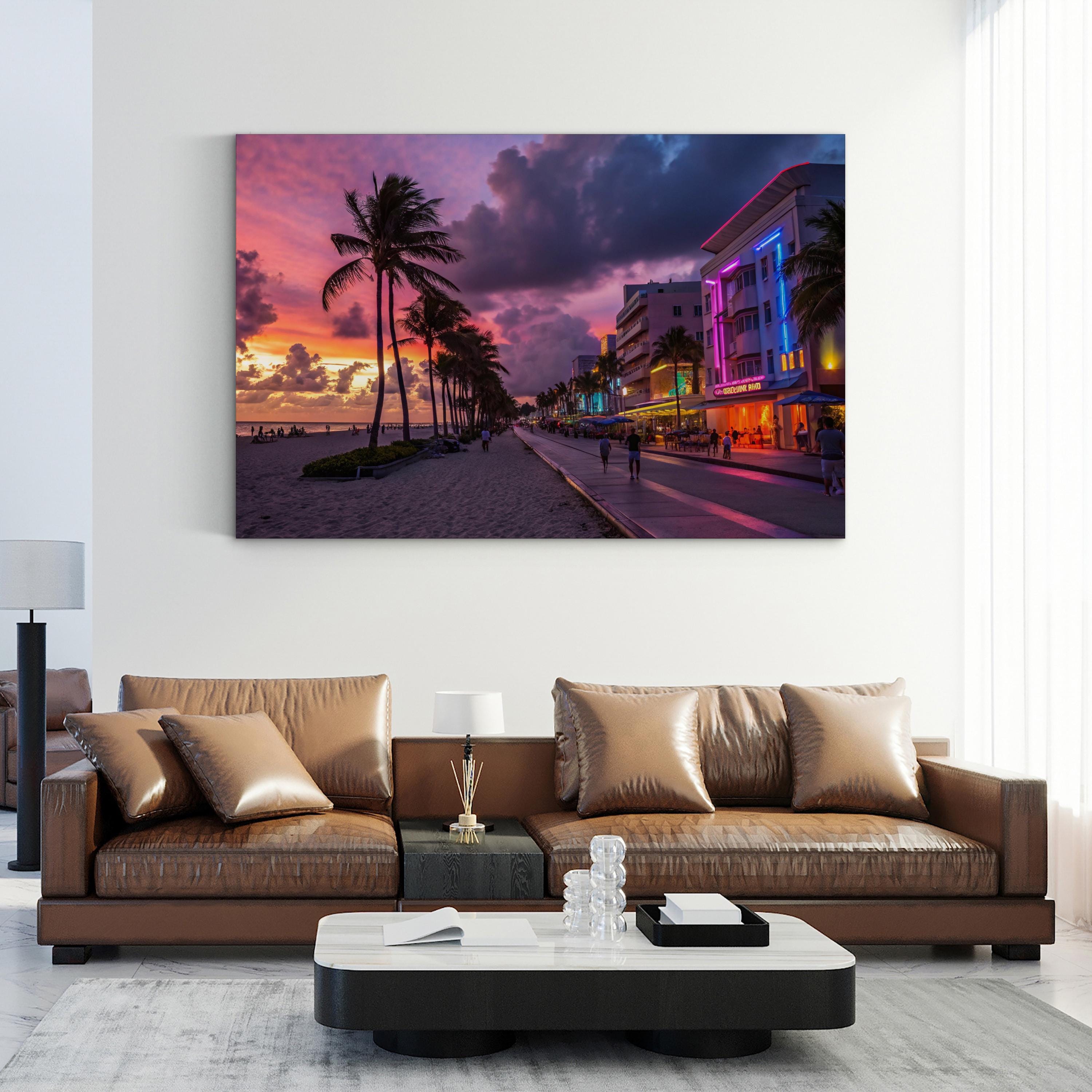Miami Beach Ocean Drive Sunset – Vintage Photography Wall Art | Art Deco Coastal Canvas Print