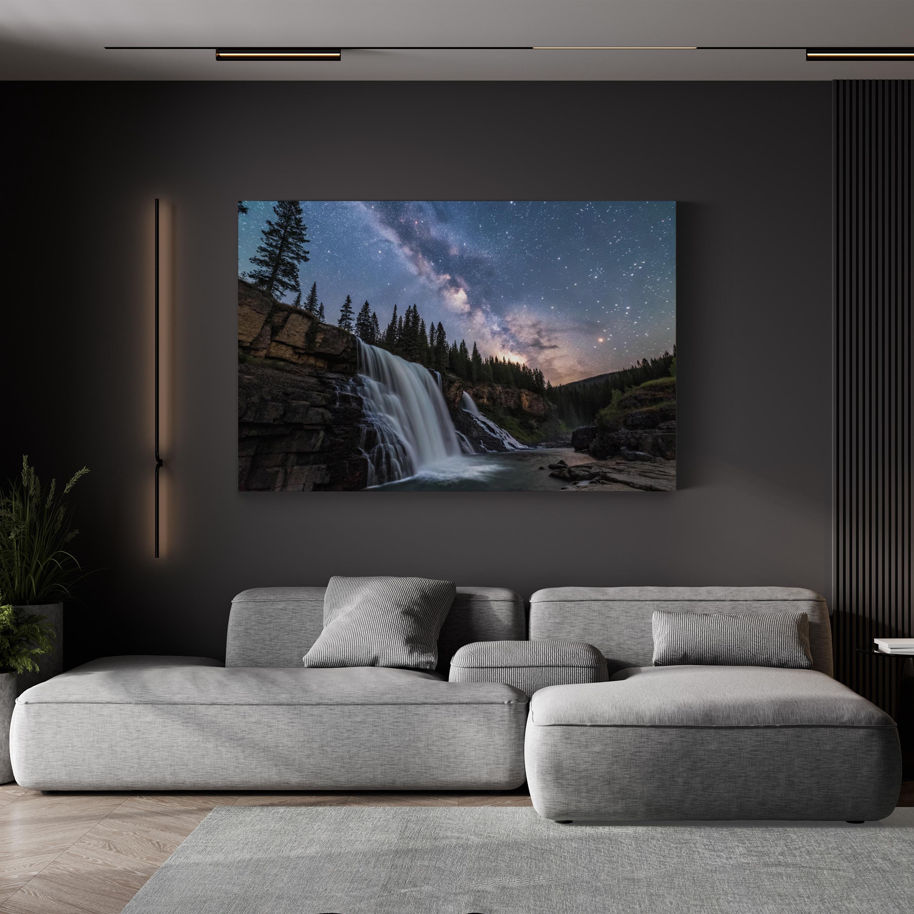 Milky Way Waterfall Night – Vintage Photography Wall Art | Cosmic Landscape Canvas Print