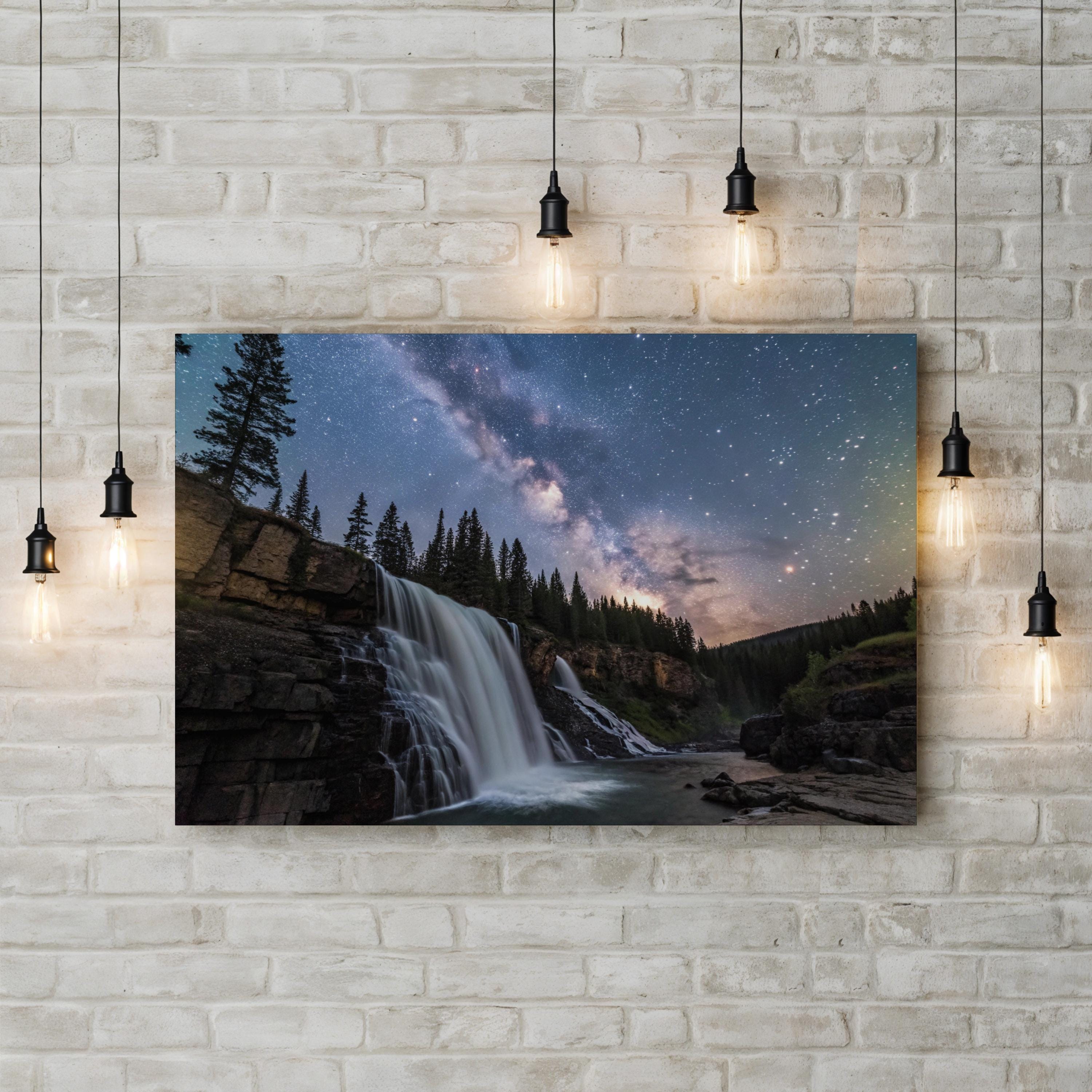 Milky Way Waterfall Night – Vintage Photography Wall Art | Cosmic Landscape Canvas Print