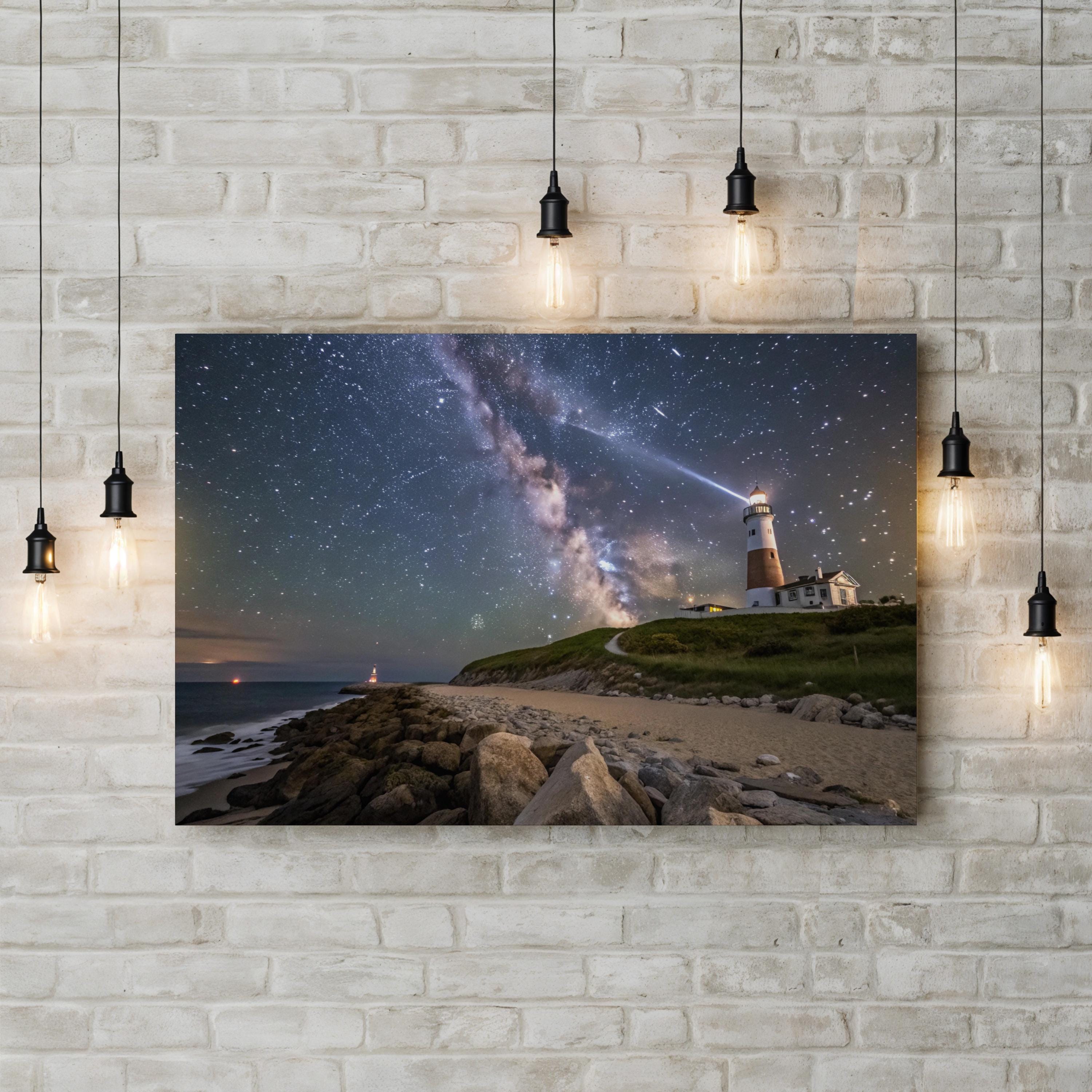 Montauk Lighthouse Starry Night – Vintage Photography Wall Art | Coastal Canvas Print
