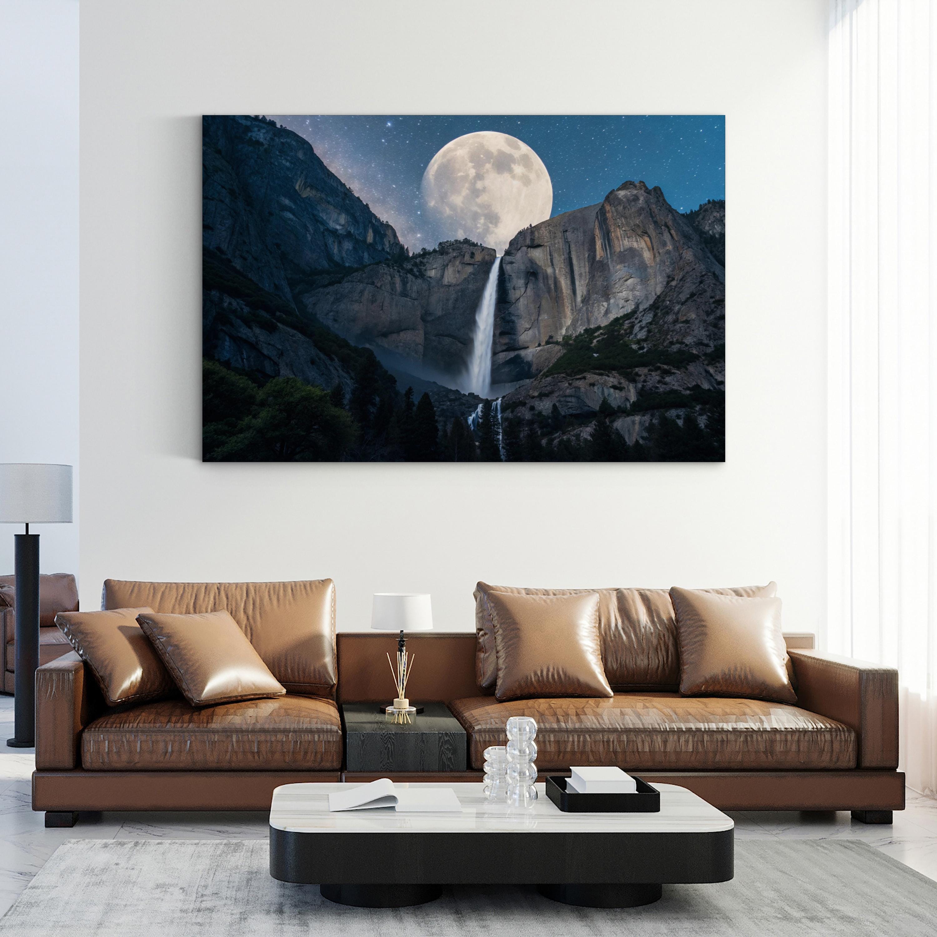 Moonfall Waterfall Night – Vintage Photography Wall Art | Full Moon Canvas Print