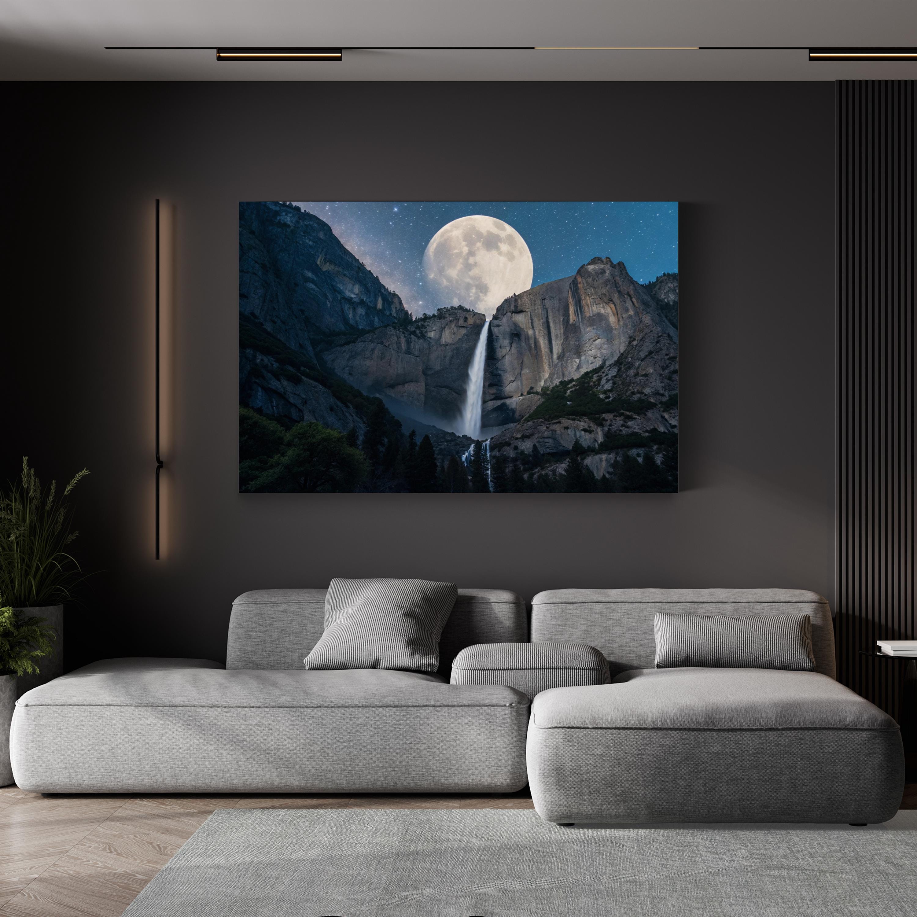 Moonfall Waterfall Night – Vintage Photography Wall Art | Full Moon Canvas Print
