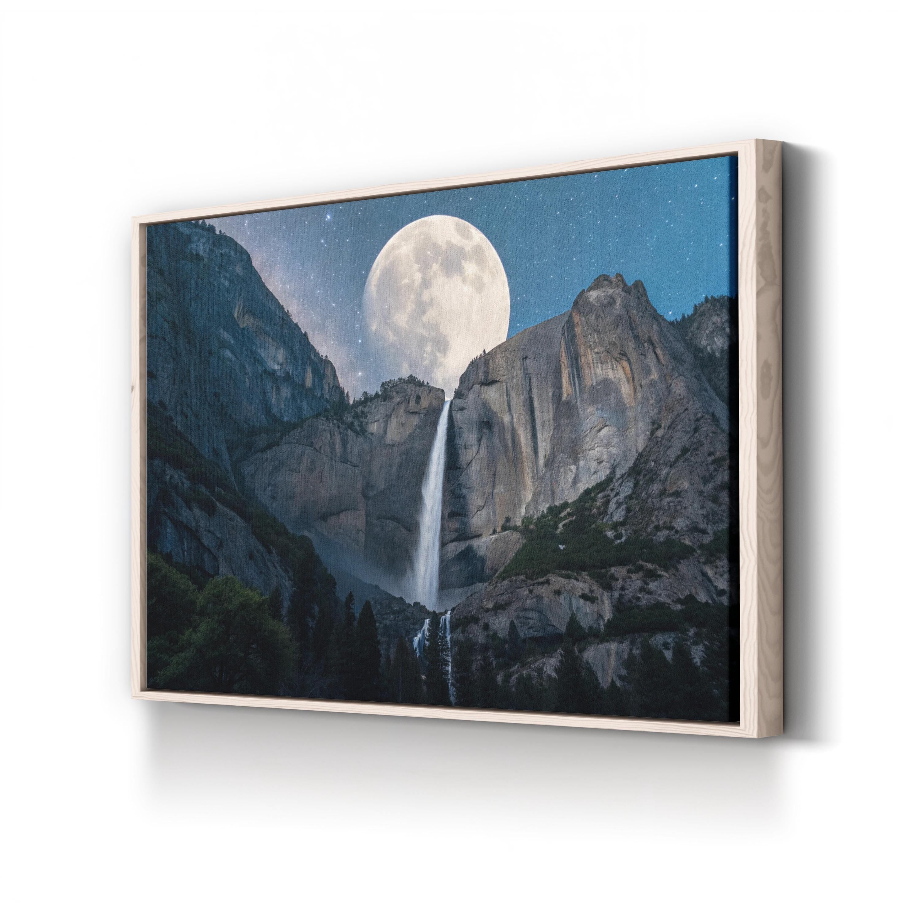 Moonfall Waterfall Night – Vintage Photography Wall Art | Full Moon Canvas Print