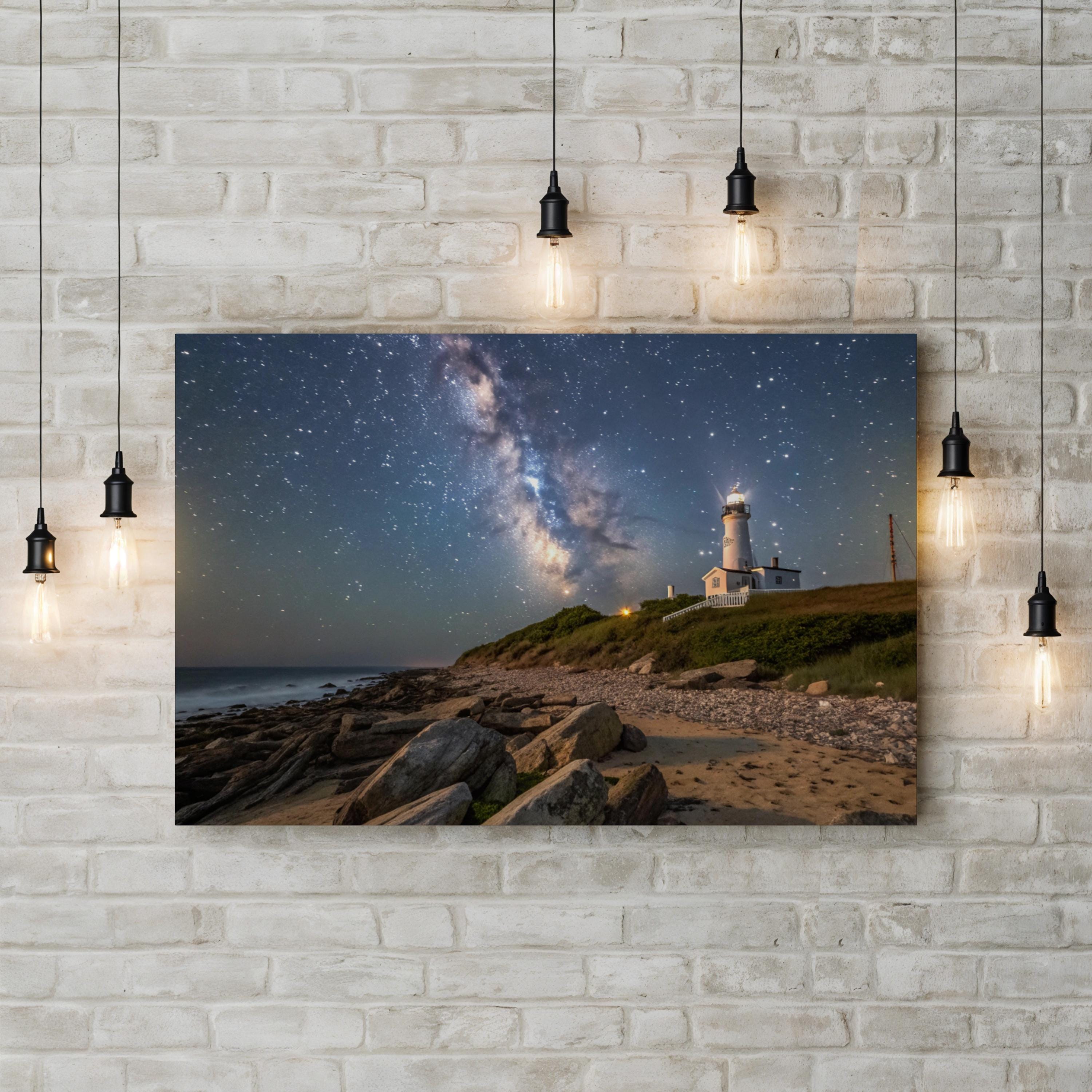 Montauk Beach Starry Night – Vintage Photography Wall Art | Coastal Lighthouse Canvas Print