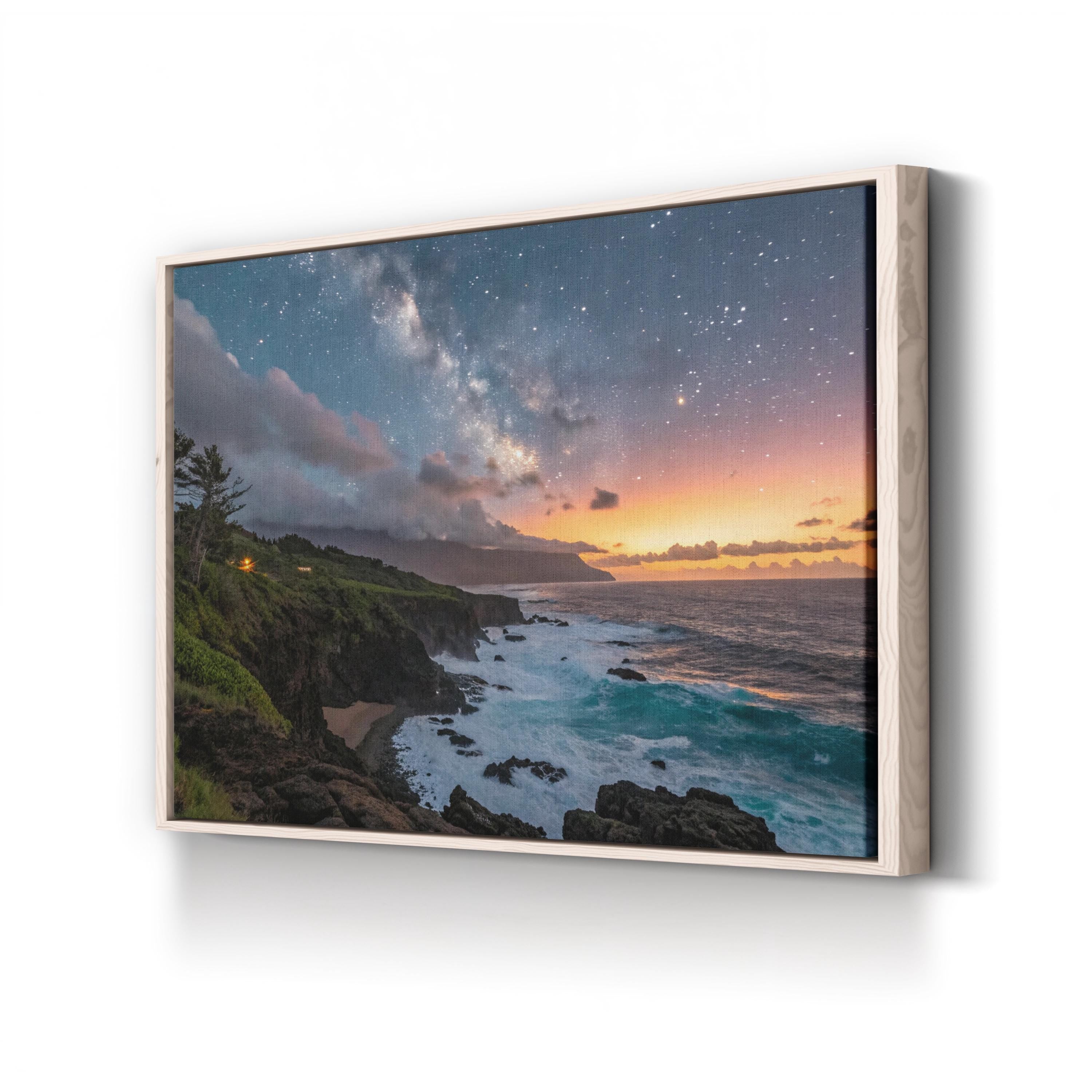 Framed Ocean & Starry Sky – Vintage Photography Wall Art | Coastal Landscape Canvas Print