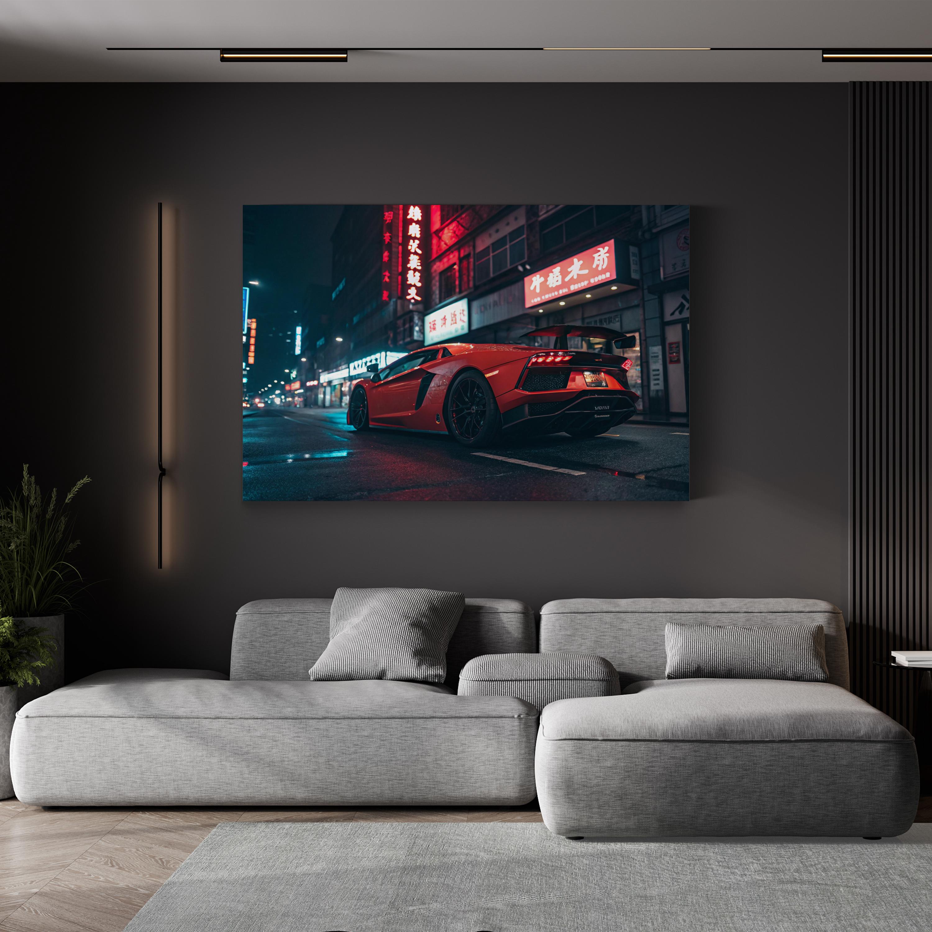 Neon Car Night Streetscape – Vintage Photography Wall Art | Urban Canvas Print