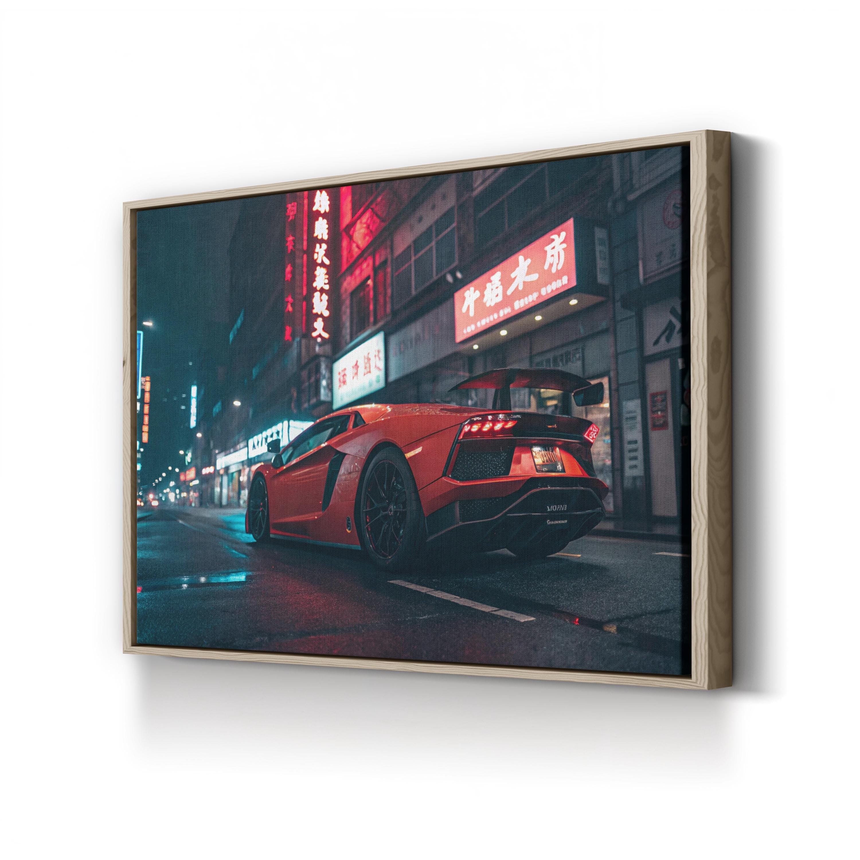 Neon Car Night Streetscape – Vintage Photography Wall Art | Urban Canvas Print