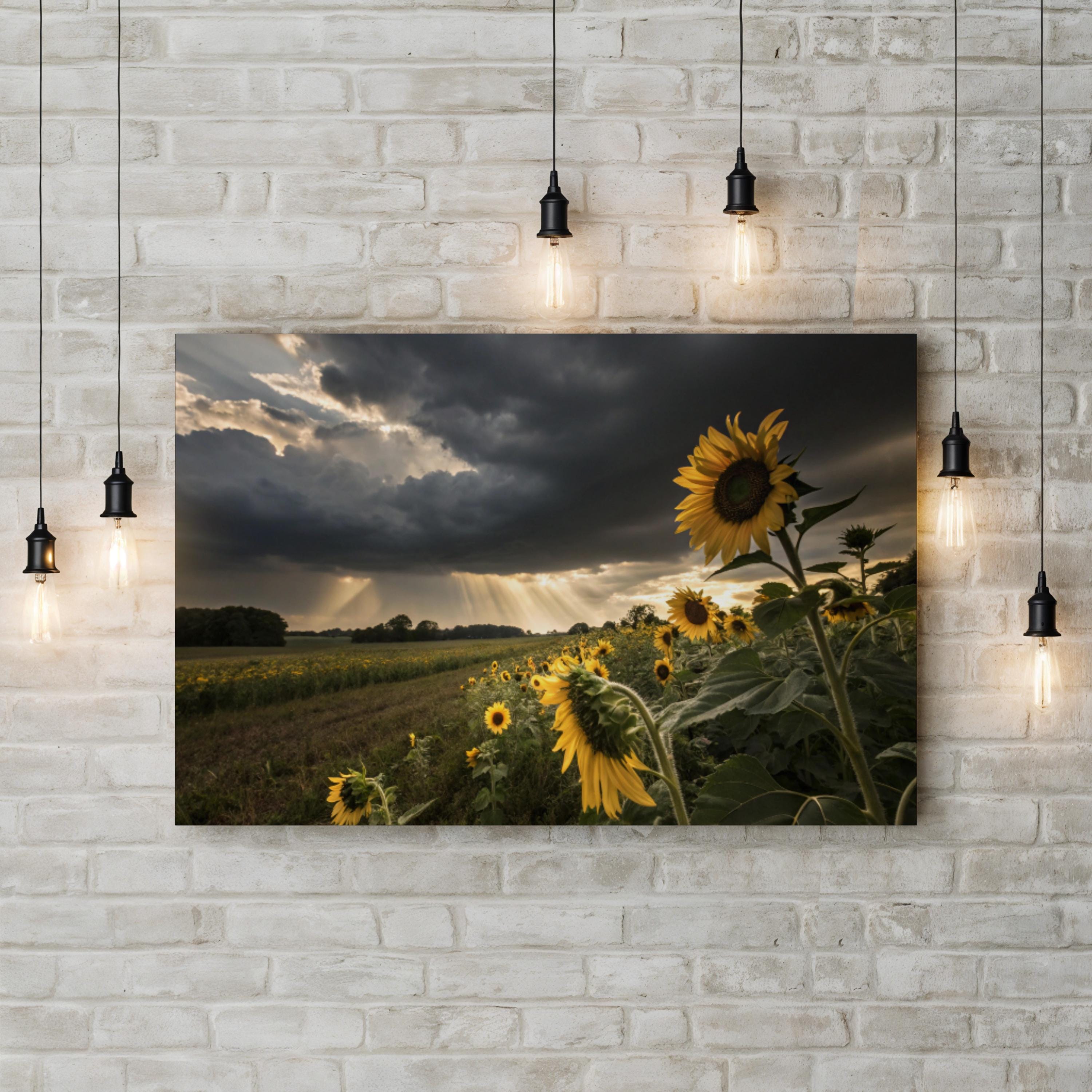 Farmhouse Sunflower Field – Vintage Photography Wall Art | Overcast Floral Canvas Print