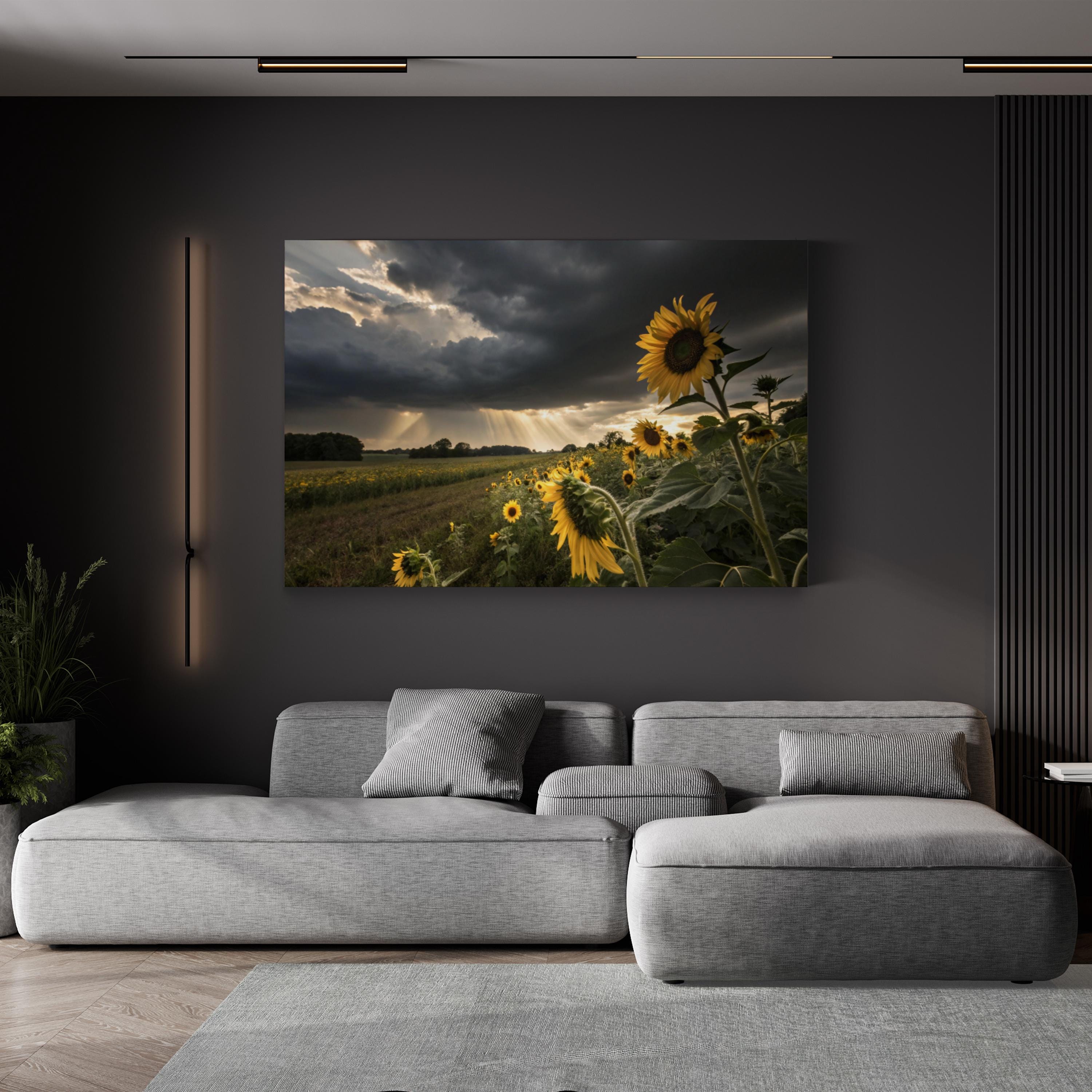 Farmhouse Sunflower Field – Vintage Photography Wall Art | Overcast Floral Canvas Print