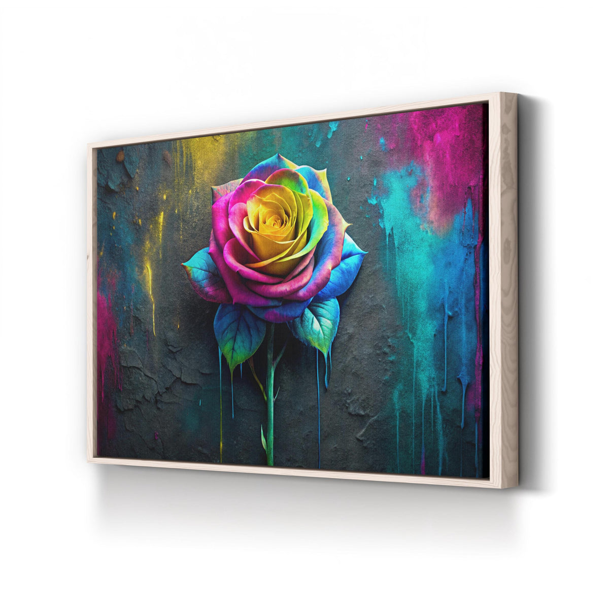 Paint Drip Rose canvas print in Natural frame
